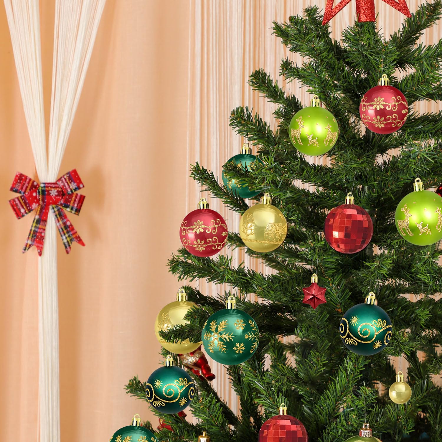 44 Palline Di Natale Dellyy In Plastica – Set Decorazioni Albero Rosse E Verdi Con Cordino, Addobbi Natalizi Classici Per Feste - 2