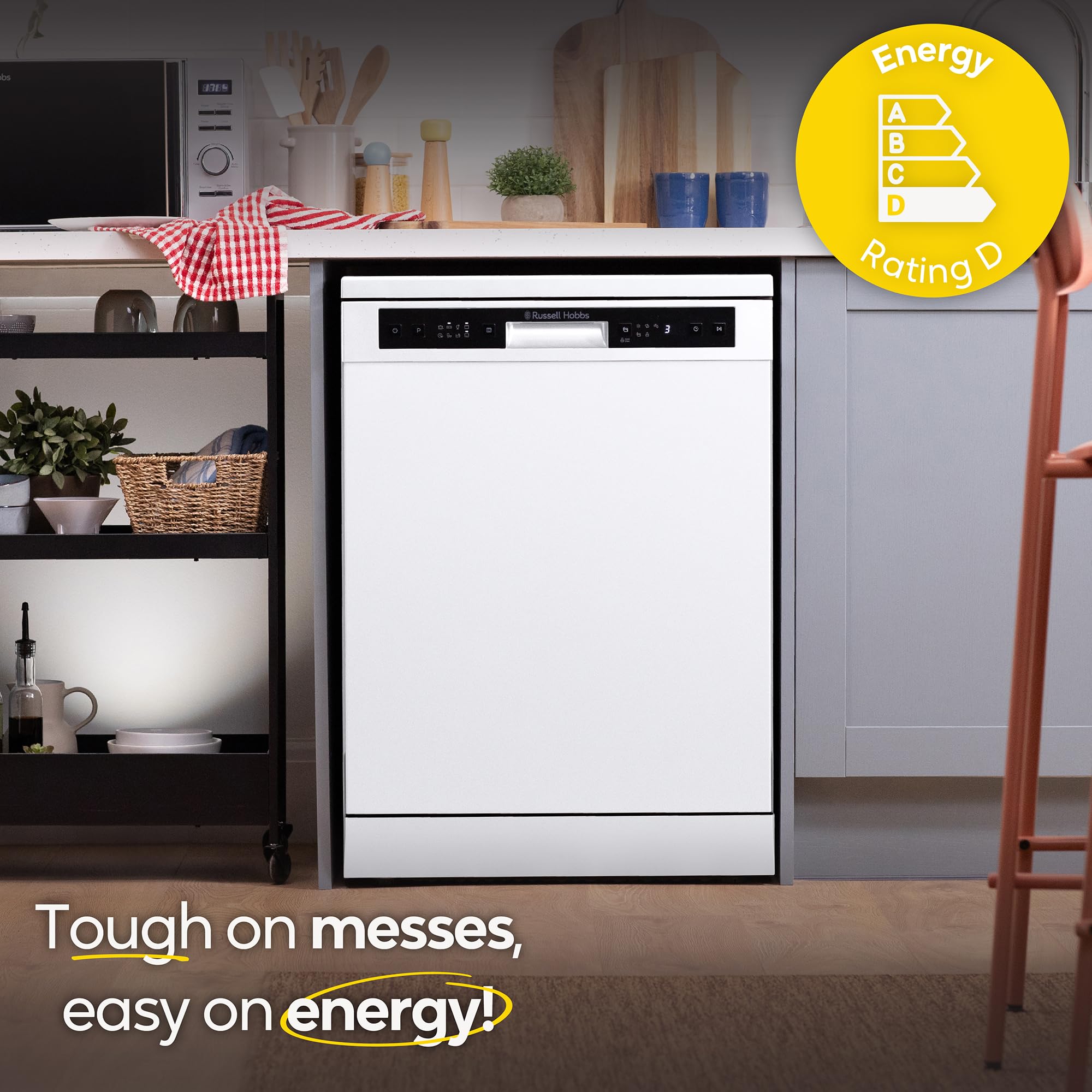 Russell Hobbs Freestanding Dishwasher, Class D, 14 Place Settings, 6 Wash Programs, 24-Hour Delay Start, Auto Door Open, 1 x Height Adjustable Basket and Mini Cutlery Tray in White, RH60DW00D2W — view 8