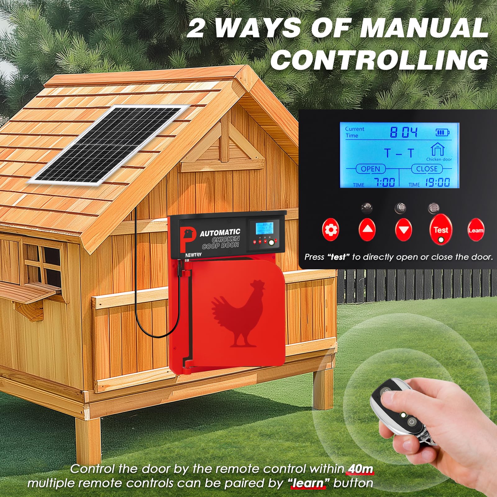 NEWTRY Abrepuertas Automático para Gallinero, Puerta Pivotante con Temporizador y Sensor de Luz, Anti-pellizco, 10W Energía Solar con Mando a Distancia de 40m (Rojo)