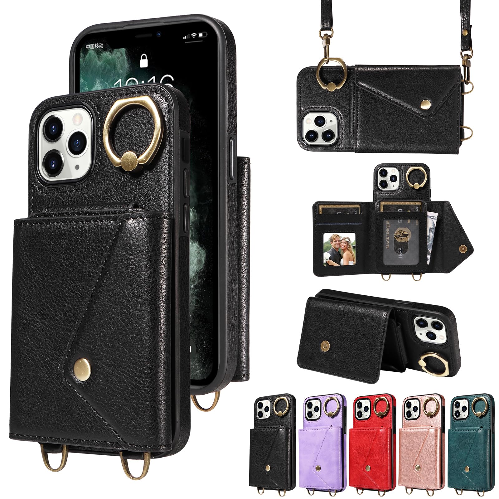 Mo-BeautyCompatible with iPhone 11 Pro (5.8 inch) Case, Crossbody PU Leather Wallet Cover with Kickstand Card Slots Design Shockproof Magnetic Clasp SIM Card Slot Cover for iPhone 11 Pro - Black