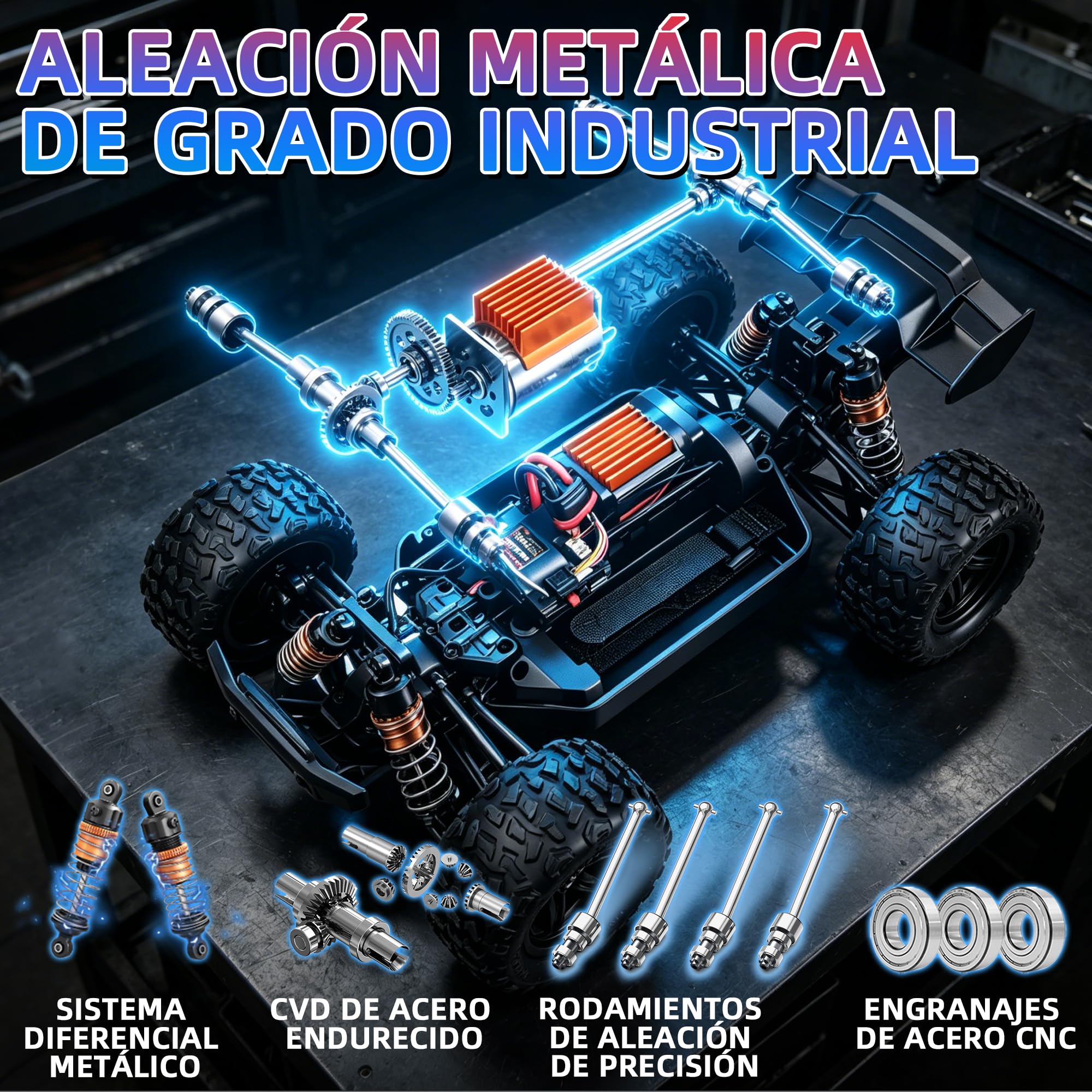 Coche teledirigido - 1:18 4WD Rc Auto 40KMH de alta velocidad 2,4 GHz Camión todoterreno con amortiguadores de metal y engranajes de metal con dos baterías para adultos y niños – Azul