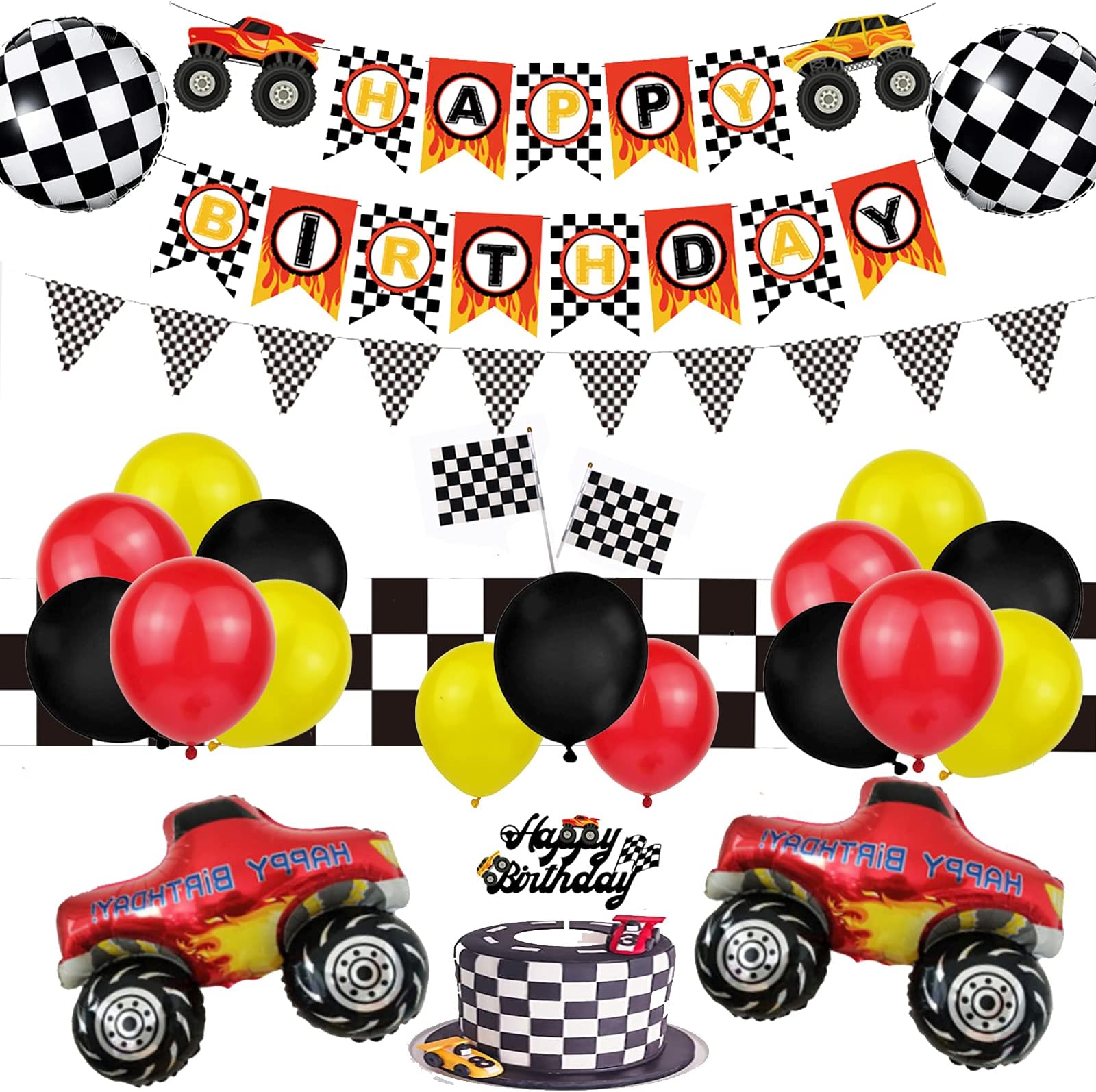 48 Piece Monster Truck Birthday Party Supplies Happy Birthday Banner Banner Truck Shape Balloons Multicolor Balloons Cupcake Topper Racing Car Decorations
