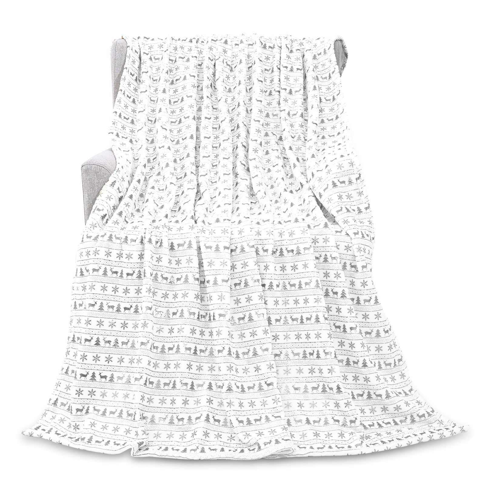 Manta de Navidad, suave manta de forro polar blanco para invierno, copo de nieve, ciervo, cómoda manta de franela para sofá, manta de franela cálida y mullida, decoración de Navidad de 50 x 60