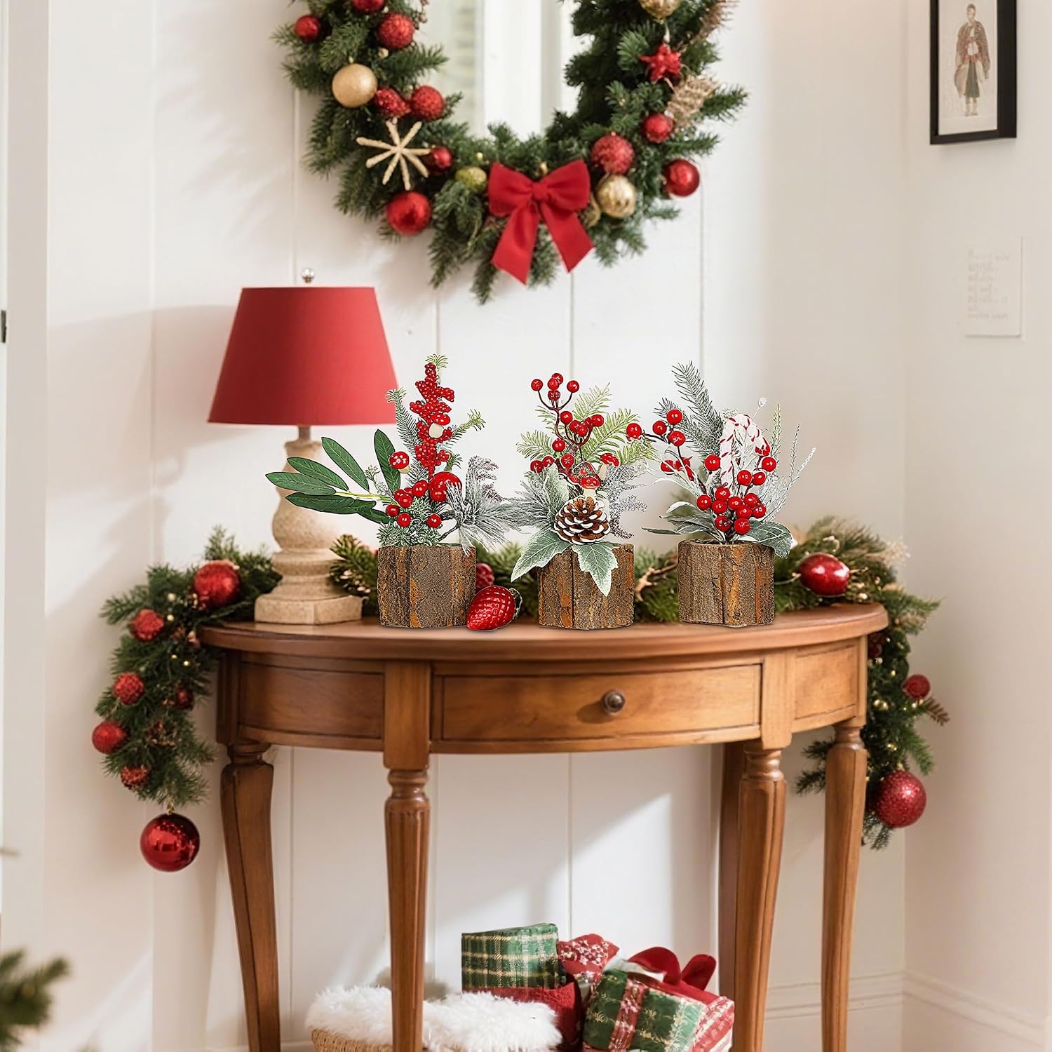 Lulu Home 3 Packs Christmas Table Decorations, Artificial Mini Christmas Trees Centerpieces with Red Berries Pine Cones for Xmas Tabletop Home Farmhouse Holiday Decor