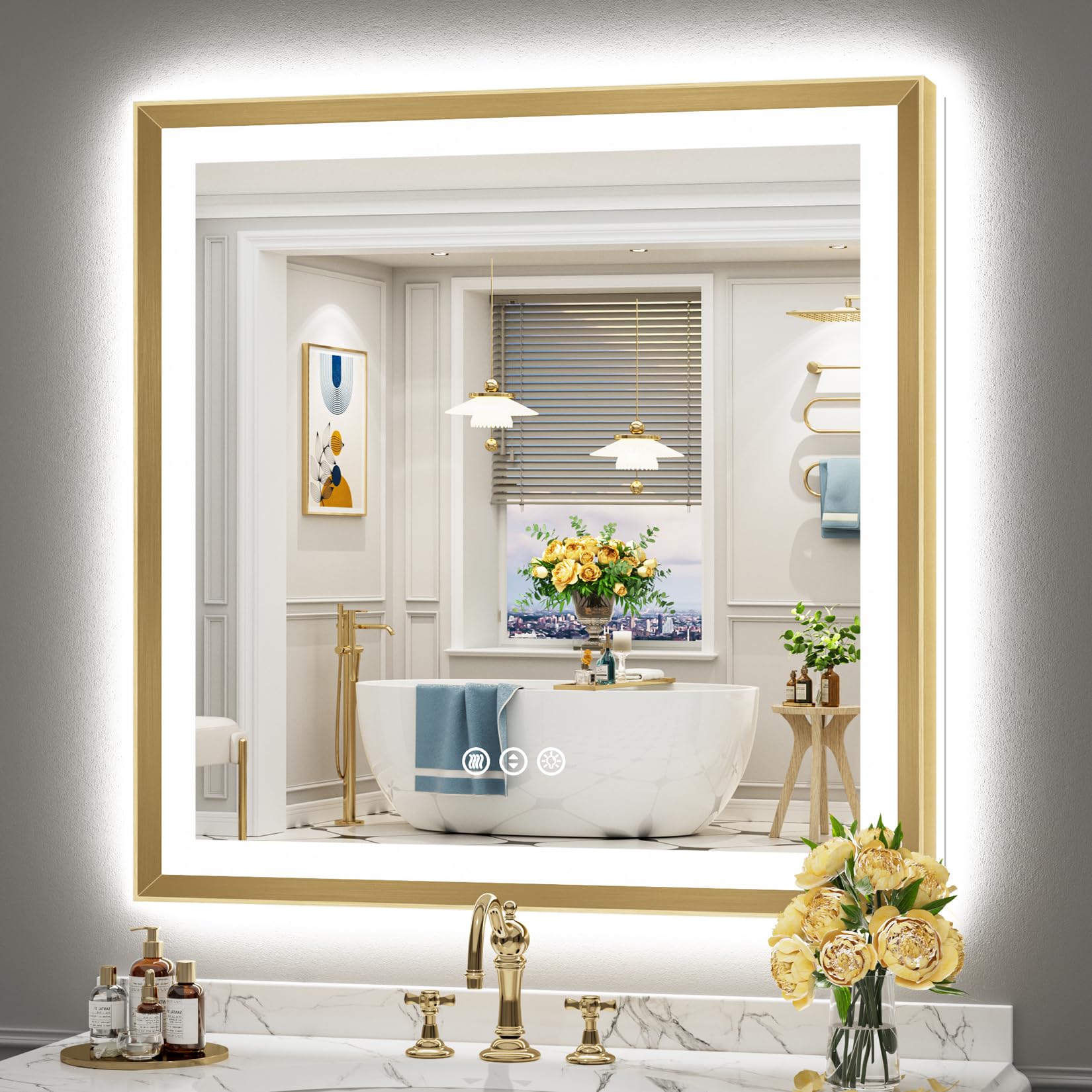 36x36 Gold Beveled LED Lighted Bathroom Mirror, Backlit &amp; Front Lit