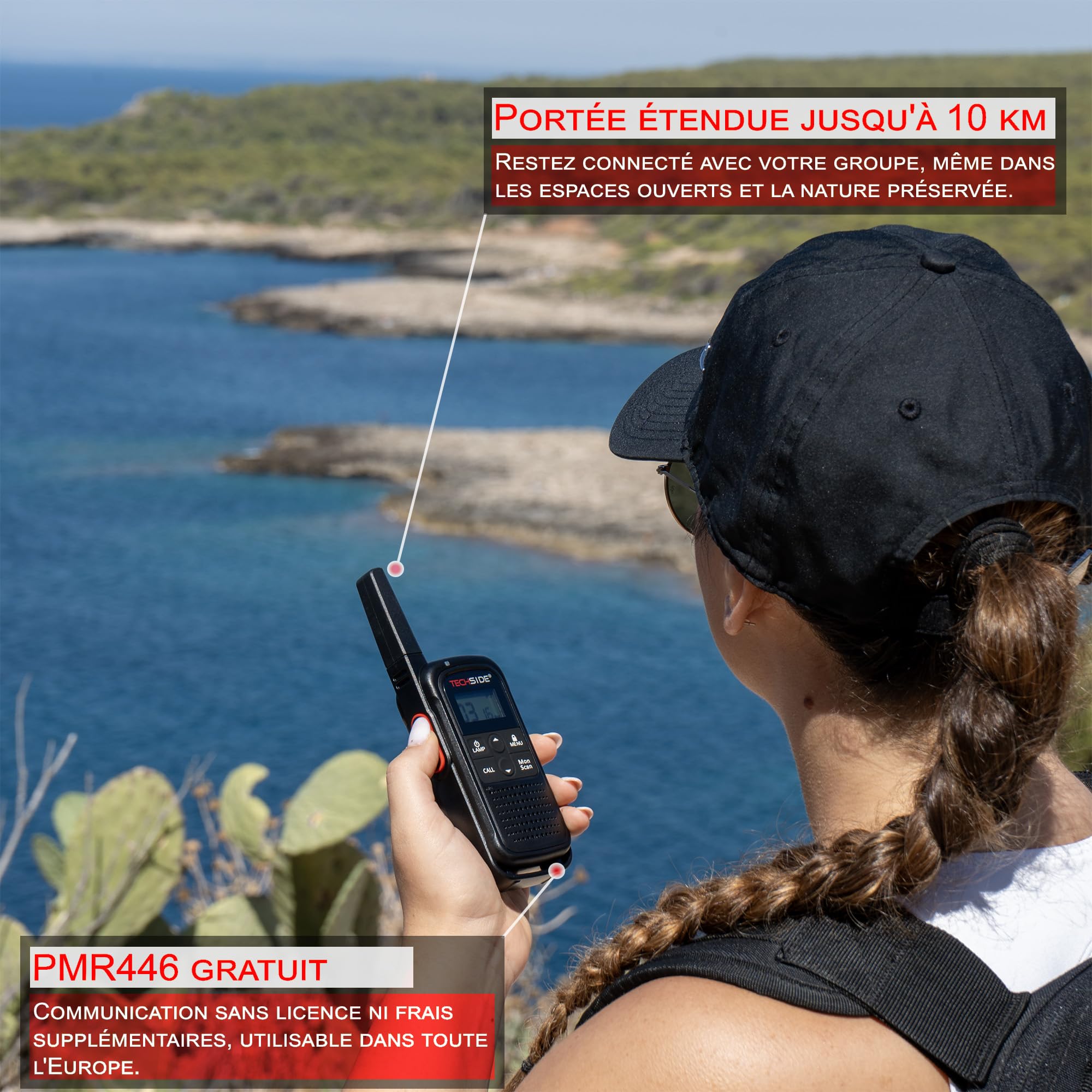 TechSide TS-T3 Go Talkie-Walkie PMR446, 16 Canaux, Portée 10 km, Recharge USB-C, avec Lampe LED, Lot de 2
