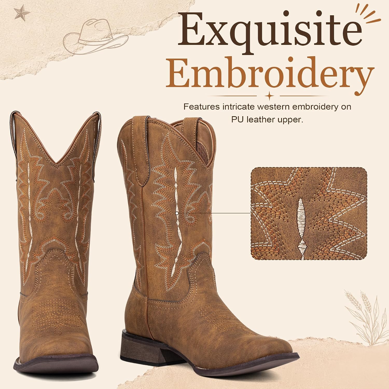 Women’s Square Toe Cowboy Boots Mid Calf Western Cowgirl Boots Pull On Fashion Embroidery for Country Concert