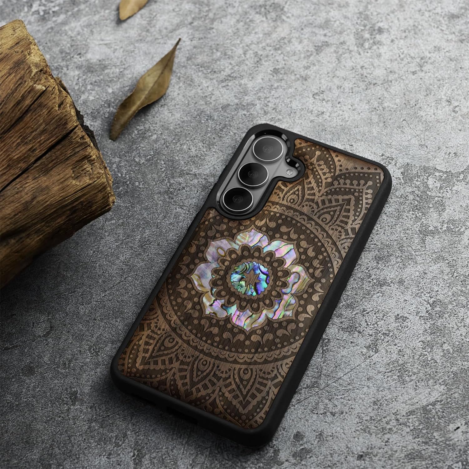 Carveit Magnetic Wooden Case for Samsung Galaxy S26 Case, Wood Artisan Engraved & Handmade Shell Inlaid, Compatible with MagSafe Wireless Chargers (Mandala Pattern) Walnut