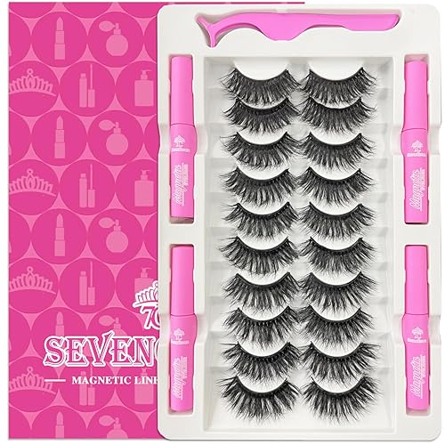 7C SevenCrown Pestañas magnéticas con kit de delineador de ojos de 0.709-0.827 in, pestañas de visón sintético, 10 pares de pestañas postizas largas