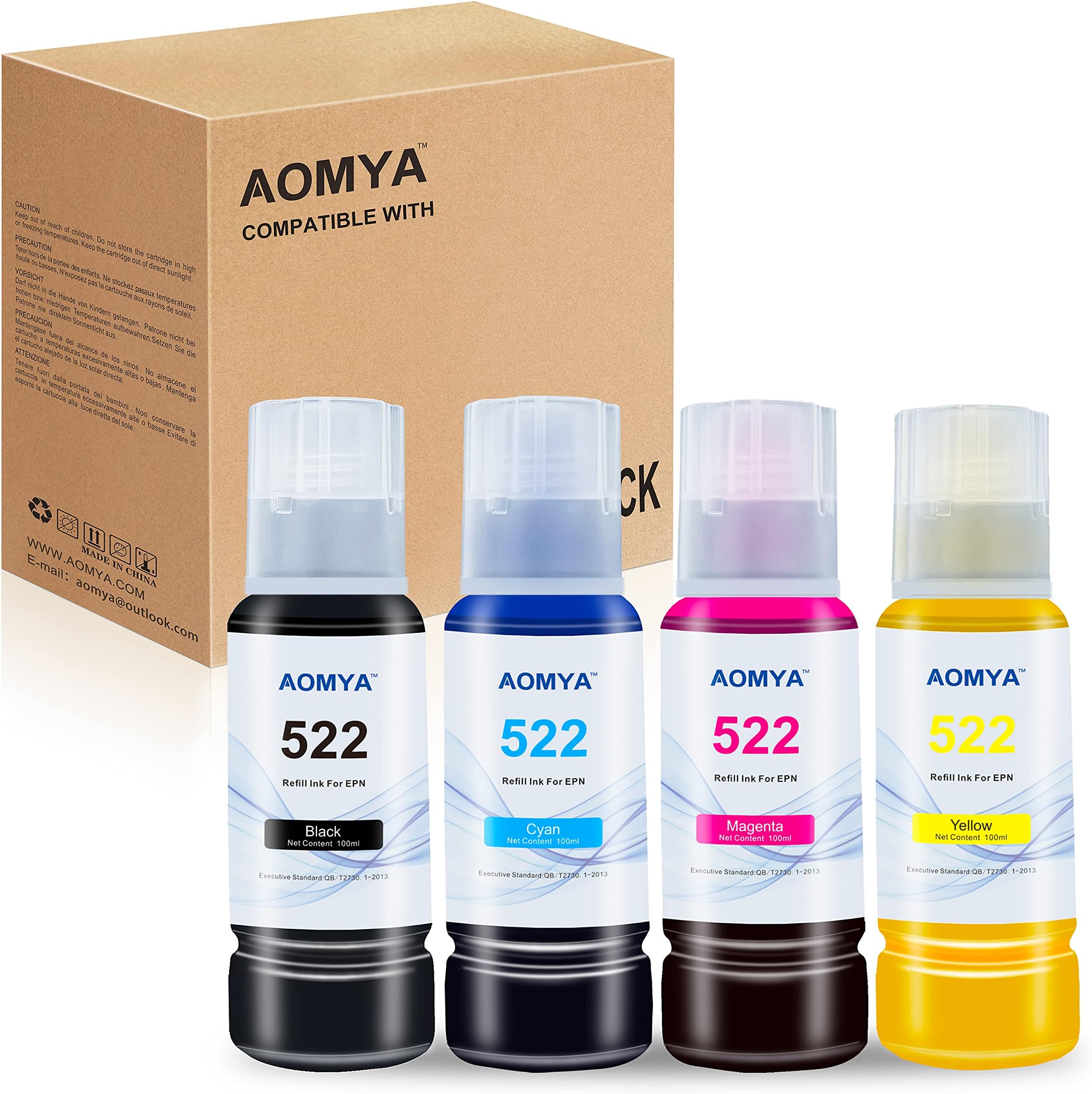 Aomya Compatible T522 Refill Ink Bottle Kit Premium Ink for EcoTank ET-2720, ET-4700 Printers Black, Cyan, Magenta, Yellow 4-Pack 100ML