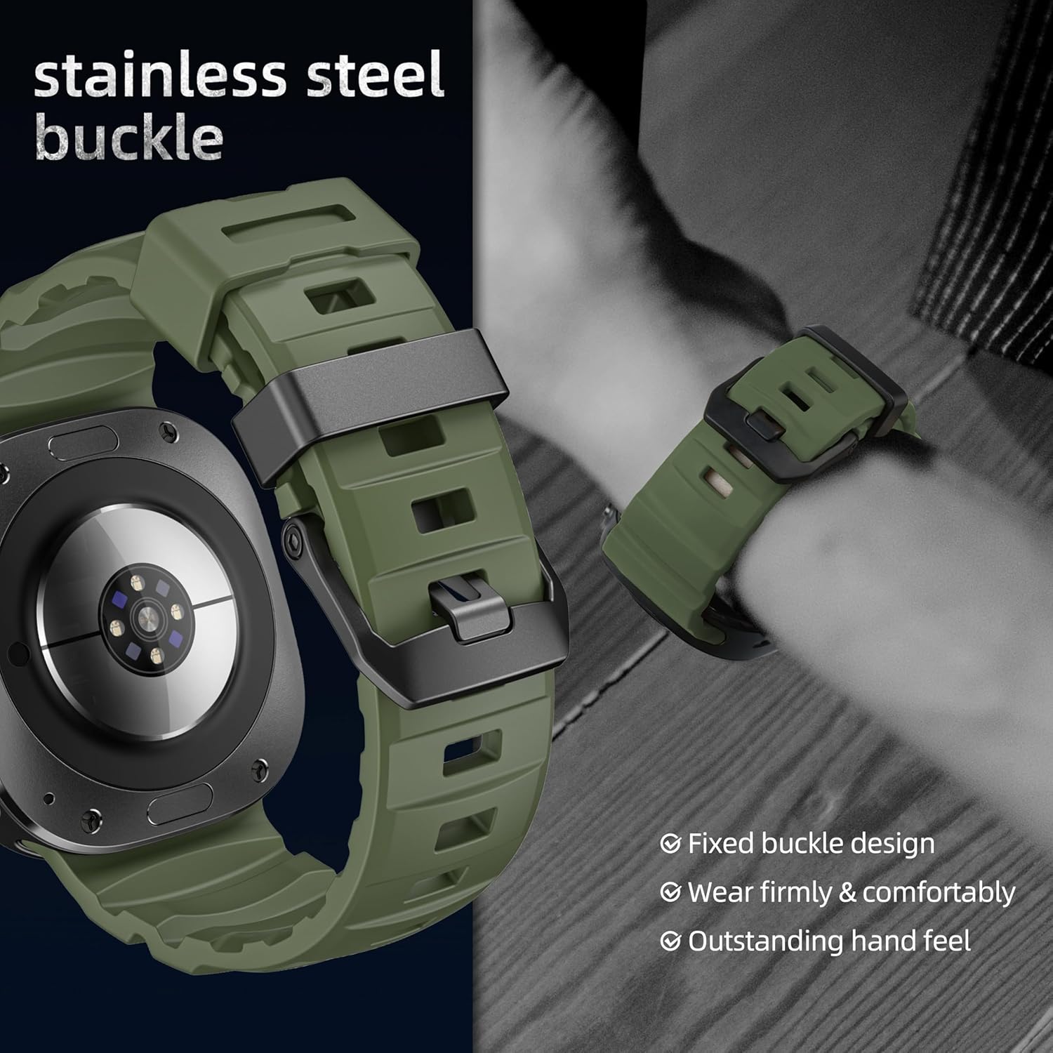 Rugged Silicone Bands Compatible with Samsung Galaxy Watch Ultra 47mm Band, Sport Strap with Stainless Steel Clasp for Galaxy Watch 7 Ultra Men Women (Green, Samsung Galaxy Ultra 47mm) - Image 4