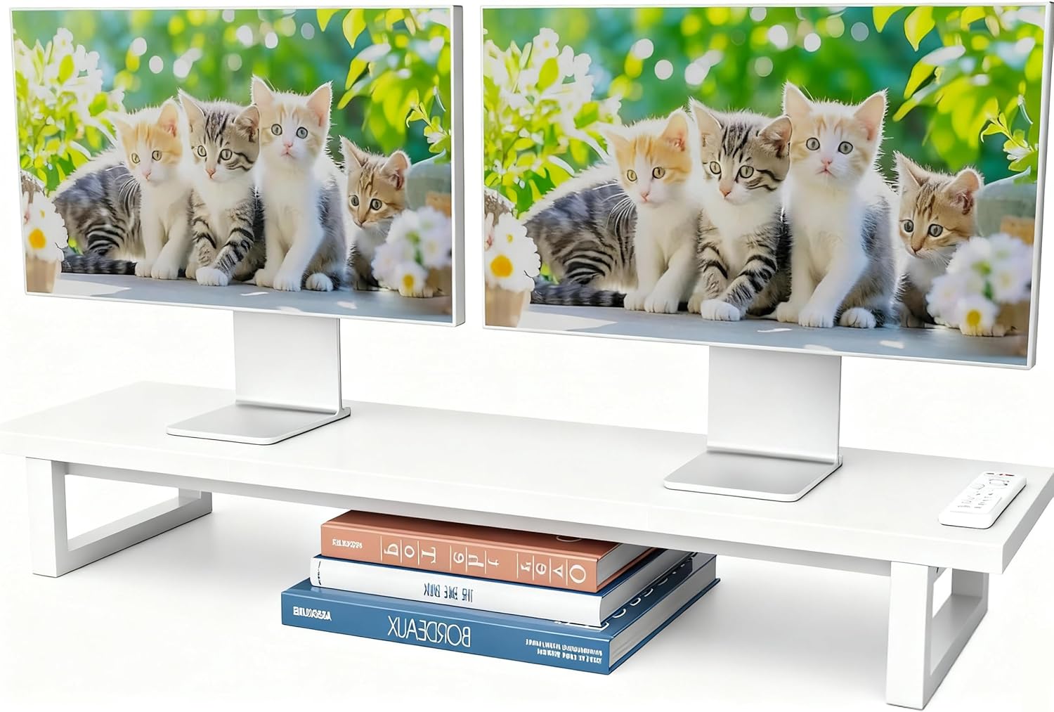 Simple Trending Dual Monitor Stand Riser with 2 USB Charging Ports, Wood Computer Desk Organizer for 2 Monitors, Extra Long TV Stand for Laptop Office, iMac, White