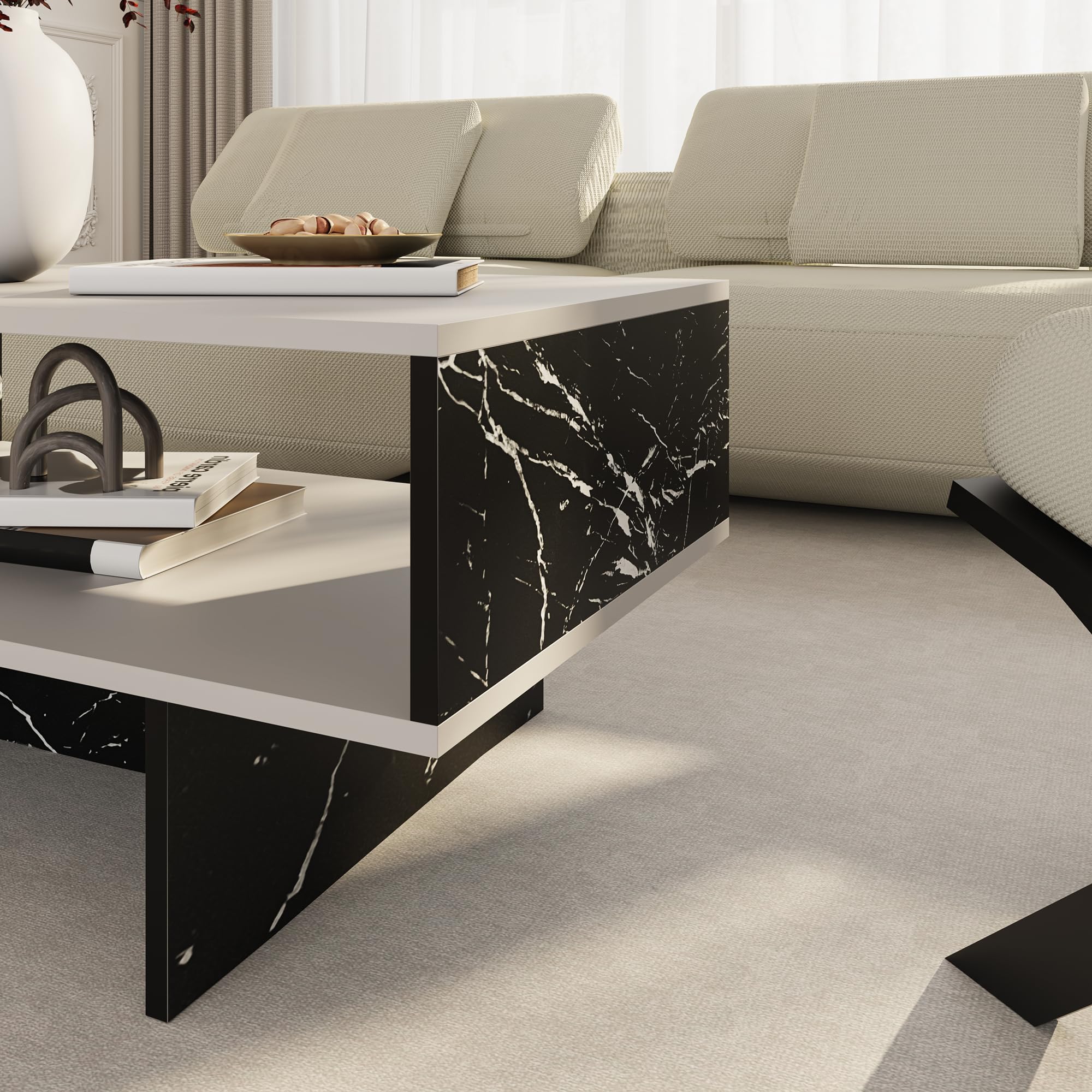 [en.casa] Mesa de Centro Mesa Auxiliar Rectangular Mesa Baja Estable con Estante para Salón Aglomerado 37 x 80 x 45 cm Blanco/Mármol Negro