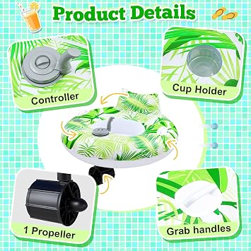 Motorized Pool Float for Adults, Electric Inflatable Pool Lounger with Motor Backrest Cup Holder Pusher Handles and Pump, Battery Powered Float Chair for Summer