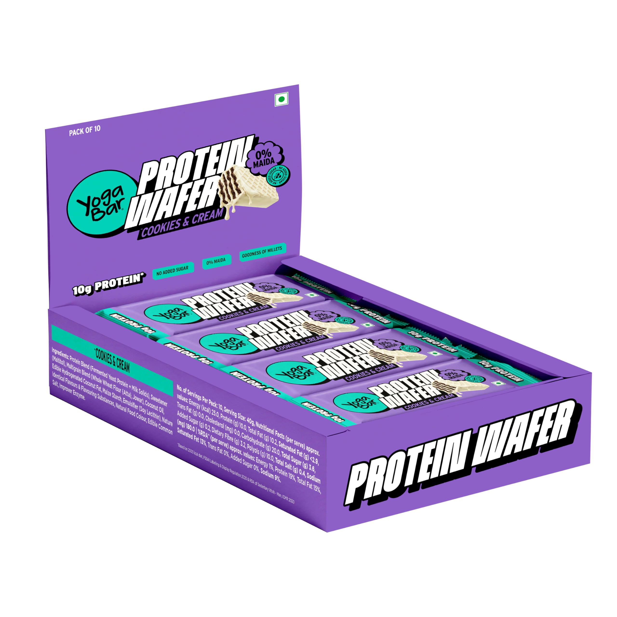 Yogabar 10g Protein Wafer Bars | Cookies & Cream Flavor | 0% Maida | Made with Millets | Crunchy High Protein Bars | 40g Each | Pack of 10-image-5