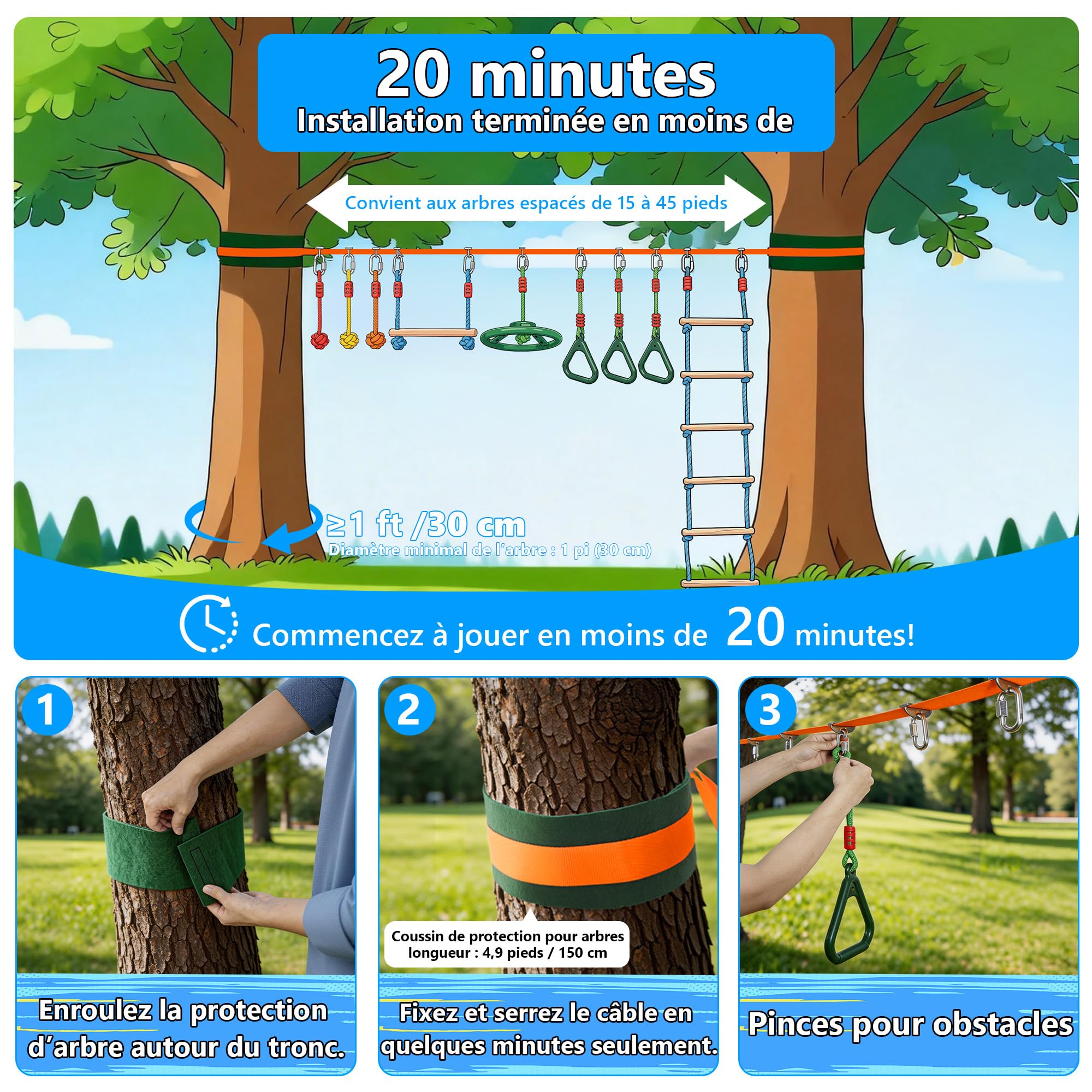 Slackline Kit pour Enfants, 15M Ninja Parcours d'obstacles pour Filles et Garçons, Comprend Échelles, Nœuds de Corde, Roues de Ninja, Anneaux de Suspension, Échelles d'escalade, etc