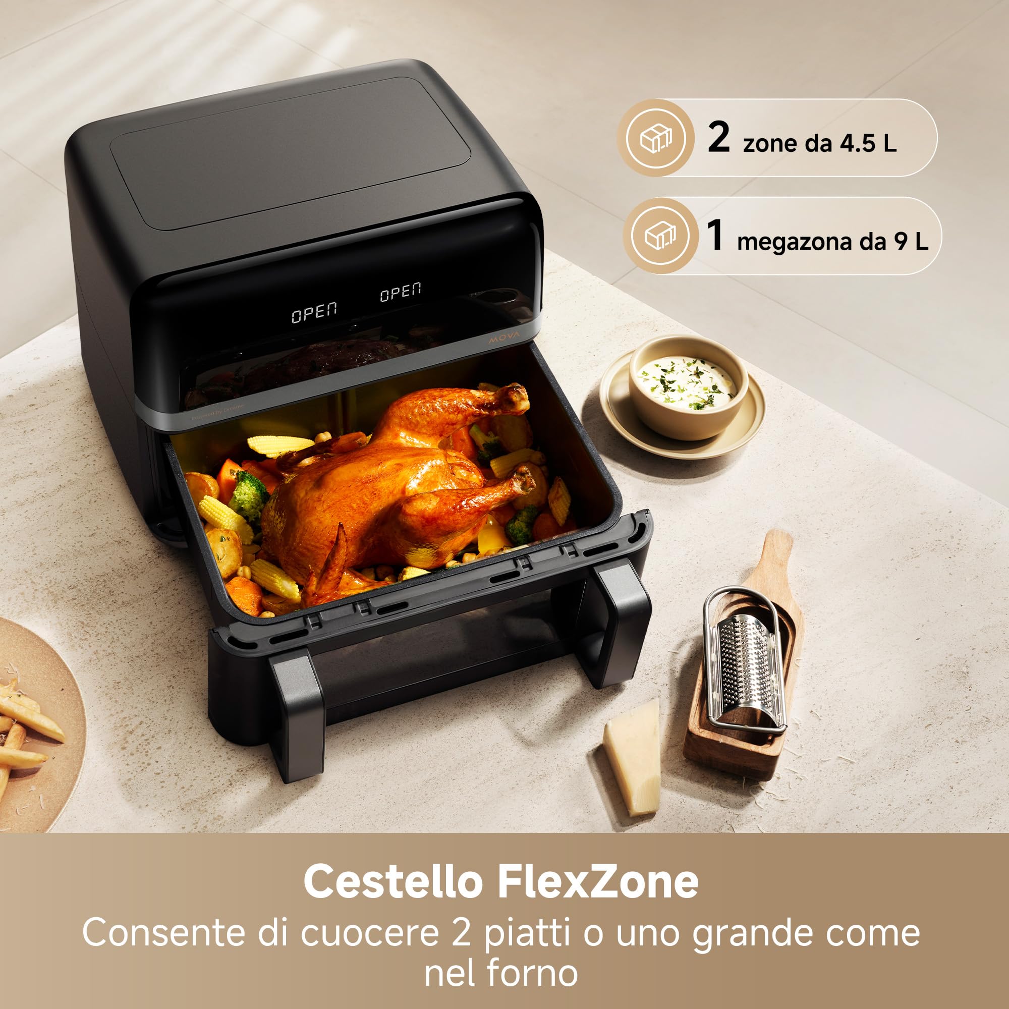 MOVA AeroChef FD20 Pro friggitrice ad aria a doppio cestello | Doppio cestello da 9L, SyncFinish, potenza da 2.700 W, temperatura 40°C-230°C, 7 programmi, rivestimento antiaderente