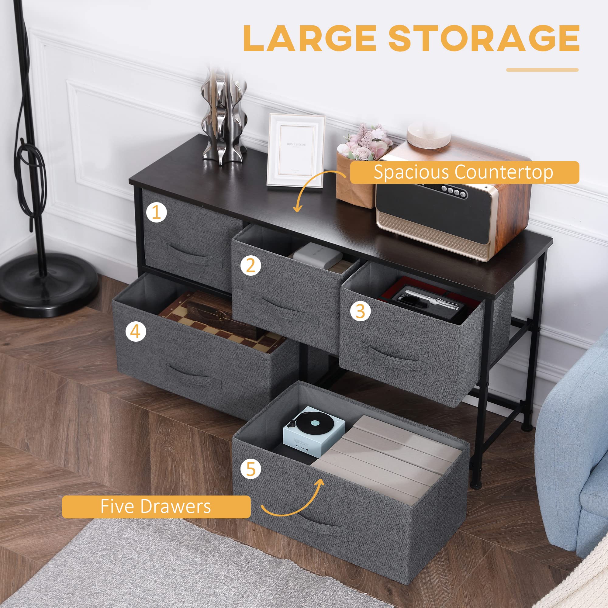 HOMCOM Cassettiera Pieghevole In Tessuto Con 9 Cassetti, Struttura In Acciaio Nero, 100x30x100 Cm, Colore Rovere E Grigio