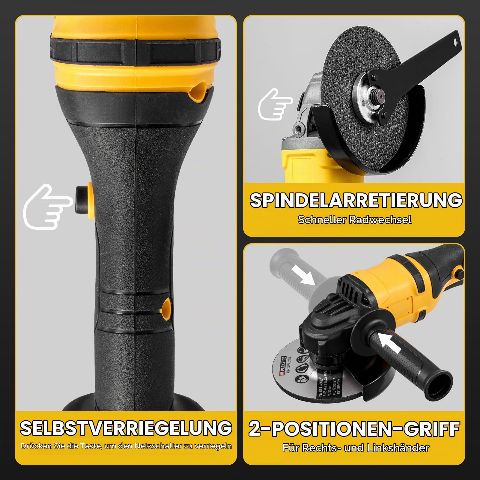 Akku Winkelschleifer - 21V Professional Winkelschleifer Set 16Pcs (Scheiben-Ø 125mm,Leistung 1500W, 0-30000 RPM,1 Schleifplatte, Zusatzhandgriff,Schraubenschlüssel,Ladegerät, 2×5000mah Akkus)