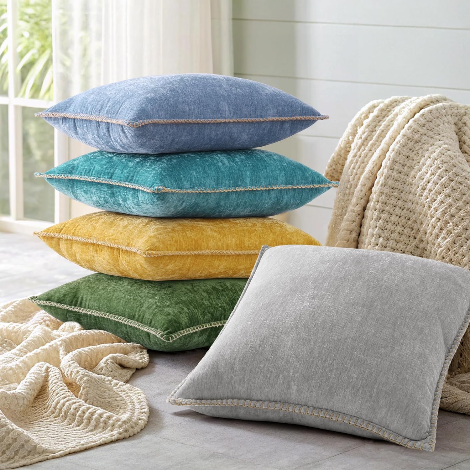 decorUhome Spring Chenille Soft Cozy Throw Pillow Covers 18x18 Set of 2, Modern Farmhouse Boho Velvet Decorative Pillow Cases with Stitched Edge for Couch Sofa Bed Home Decor, Forest Green - Image 7