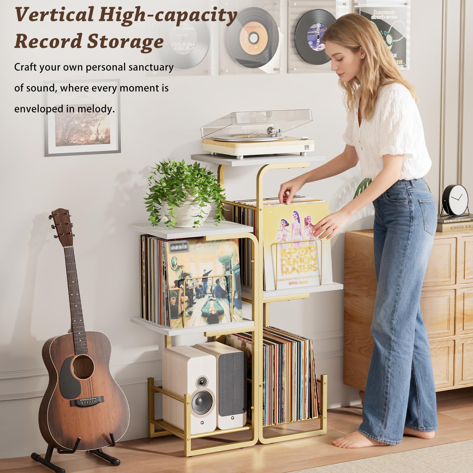 Bikoney Plattenspieler Ständer mit Vinyl-Stauraum & LP-Ablage - Gold | Vinyl-Display & Ständer mit Pflanzendesign für Wohnzimmer, Großer LP-Stauraum & Tisch Ideal für Kleine Räume