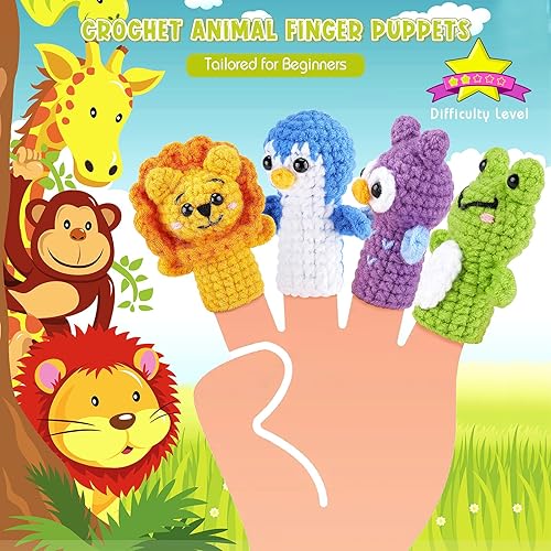 Miniatura 3 de Kit de ganchillo para principiantes, 4 marionetas de dedo con tutoriales en video paso a paso, kit de animales de ganchillo para adultos y niños,