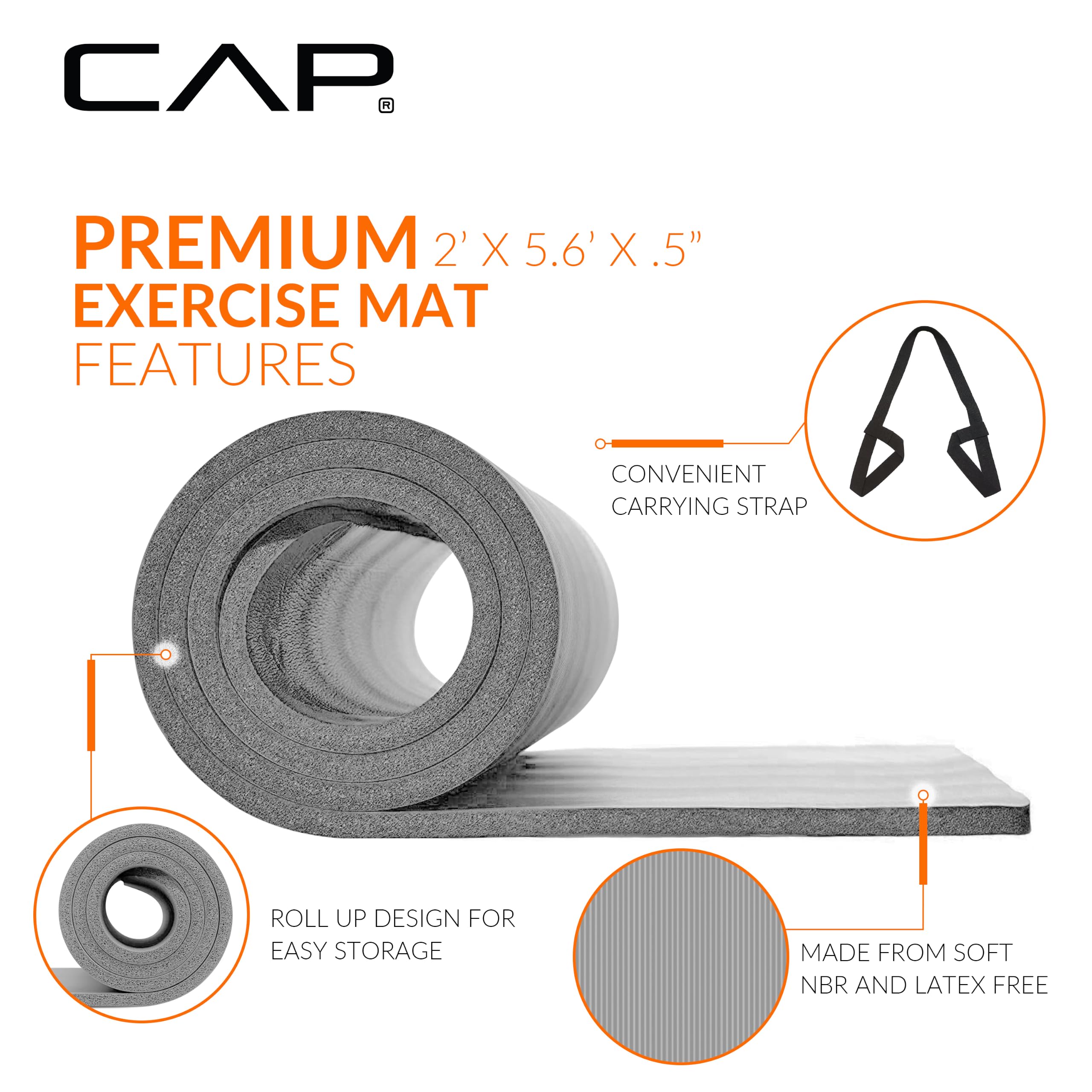 CAP Barbell High Density Exercise Mat with strap, 68"x24" 12mm - Gray view 3