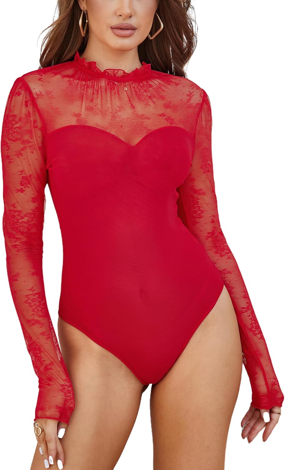 Women’s Lace Bodysuit Top Long Sleeve Turtleneck See Through Mesh Body Suits Wedding Hallowmas Party Red L