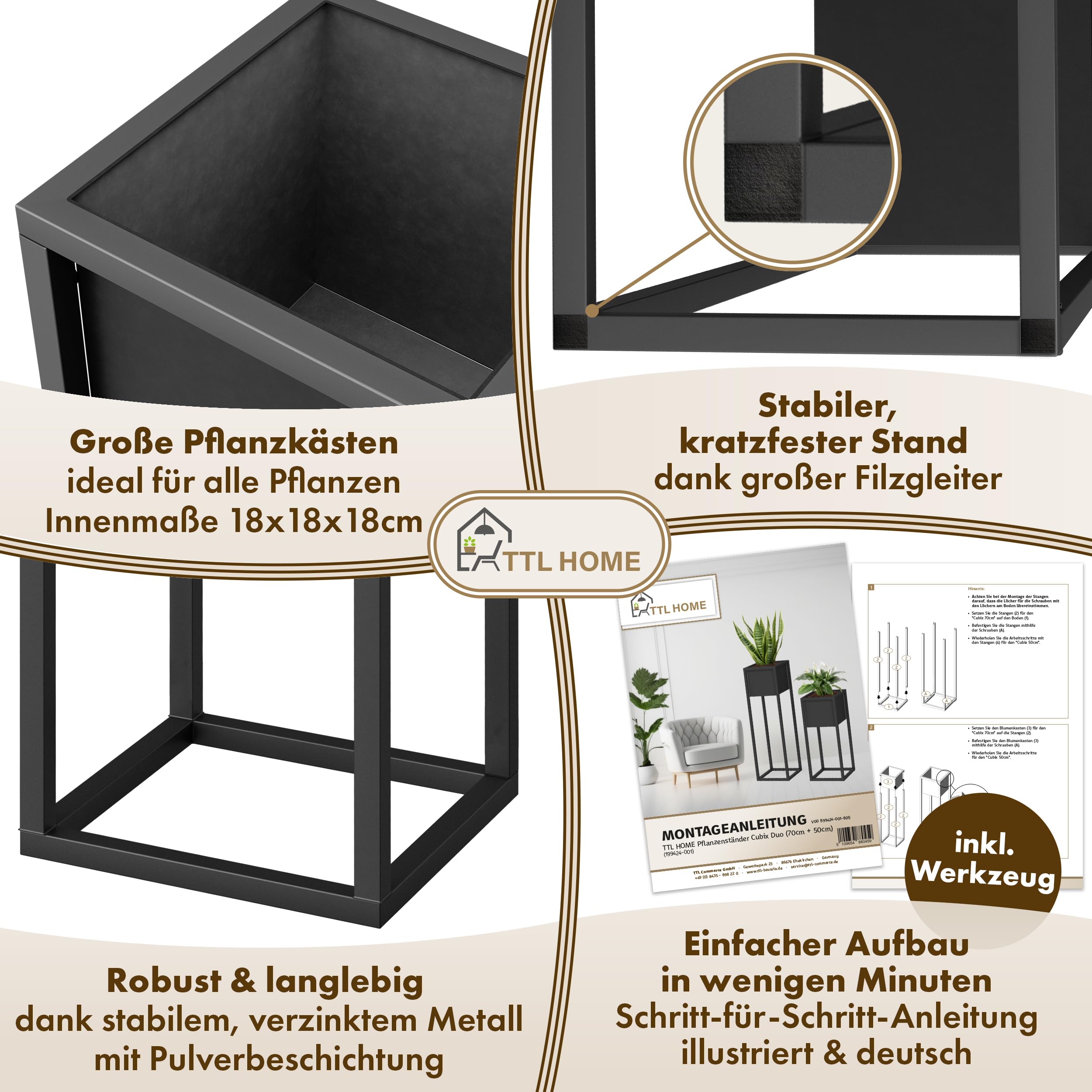 Blumenständer CUBIX DUO 2er Set - 50 und 70 cm hoch Metall schwarz