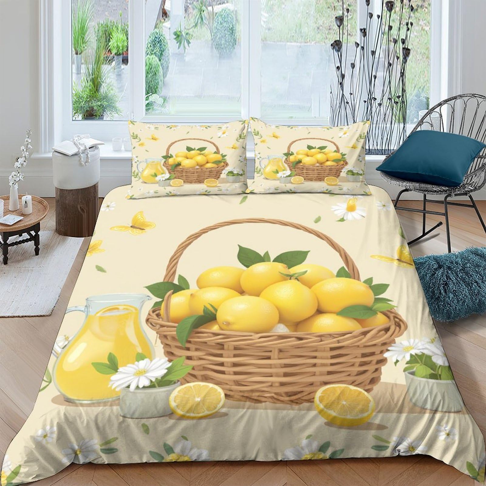 GPLZQXKJNH 3D Printed Lemon Basket Duvet Cover Set Microfiber Breathable Yellow Fruit Bedding with 2 Pillowcases for Bedroom Decor Single（135x200cm）