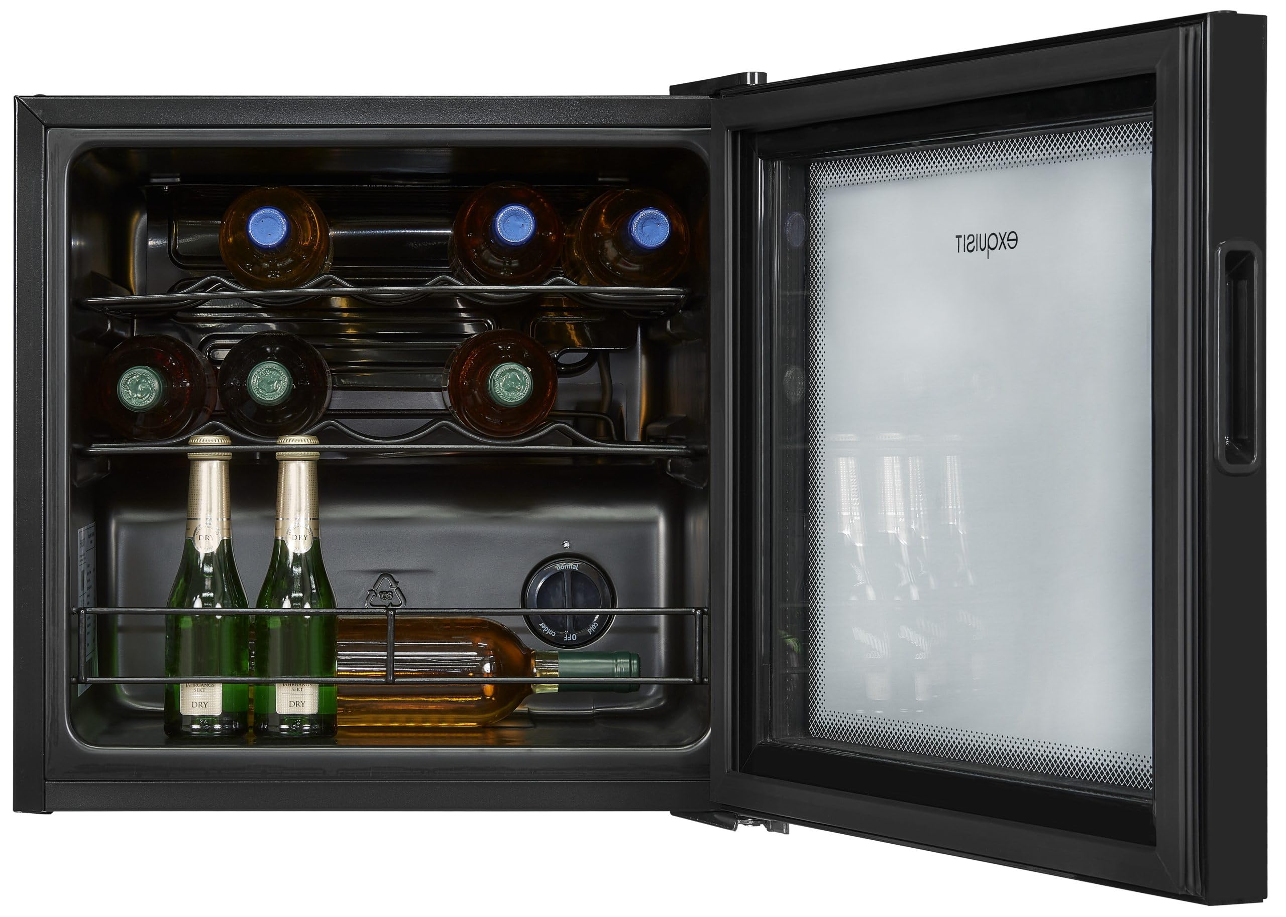 Exquisit® Vinoteca, 12 Botellas, Clase G, Rango de Temperatura de 5ºC a 18ºC, 2 Estantes Metalicos, Tirador Integrado, Altura Regulable, Consumo 130 kWh/año, Medidas 49,2x48x44 Cm.
