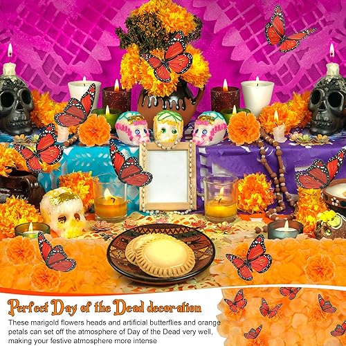 Miniatura 6 de 562 piezas de decoración Dia De Los Muertos, 50 cabezas de flores de caléndula, 12 decoraciones artificiales de mariposa y 500 pétalos de flores