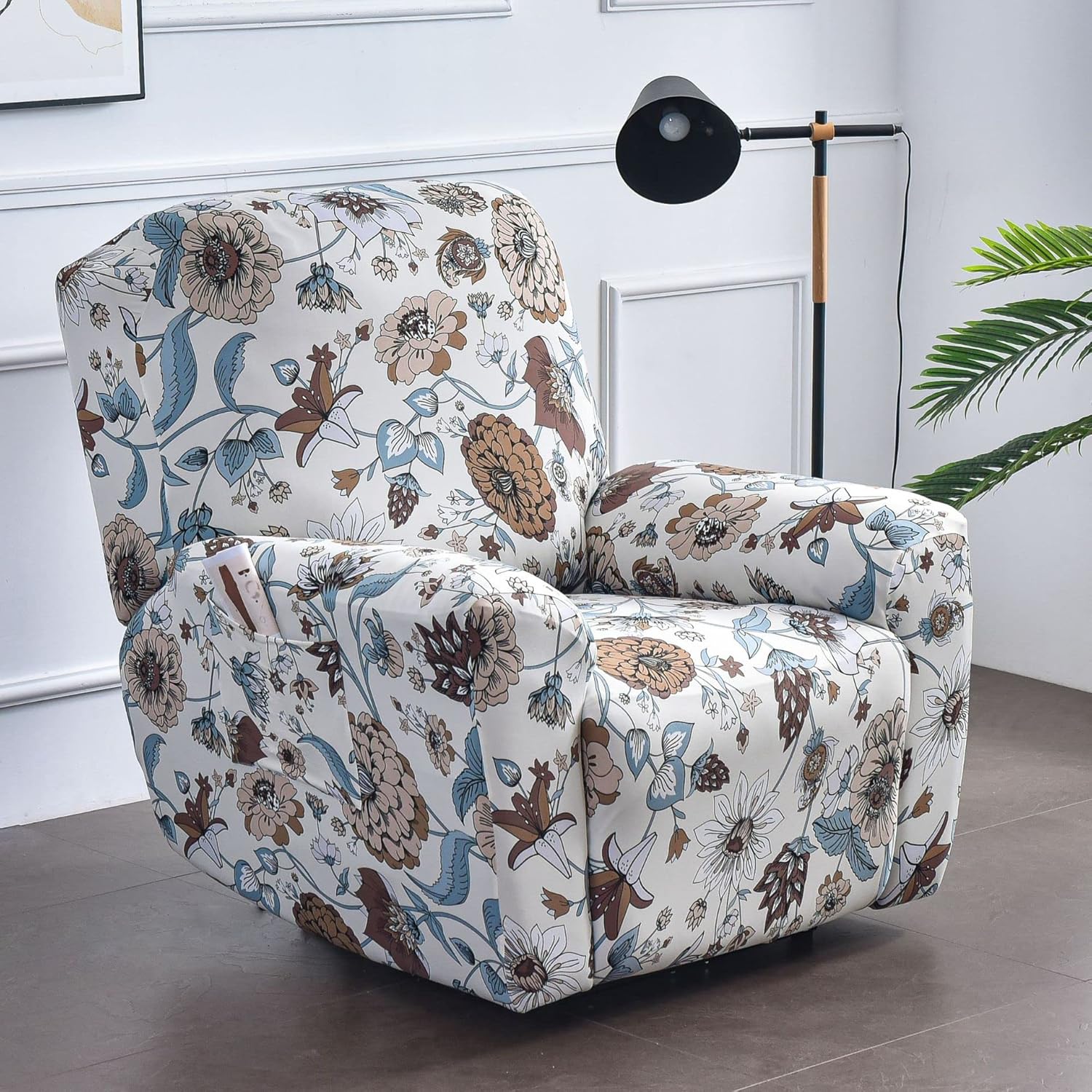 1-Piece Floral Print Recliner Slipcover, Stretchable Accent Chair Cover with Non-Slip Elastic Hem Decorative Slipcover for Rocker, Reclining Chair and Living Room(M,三人位)