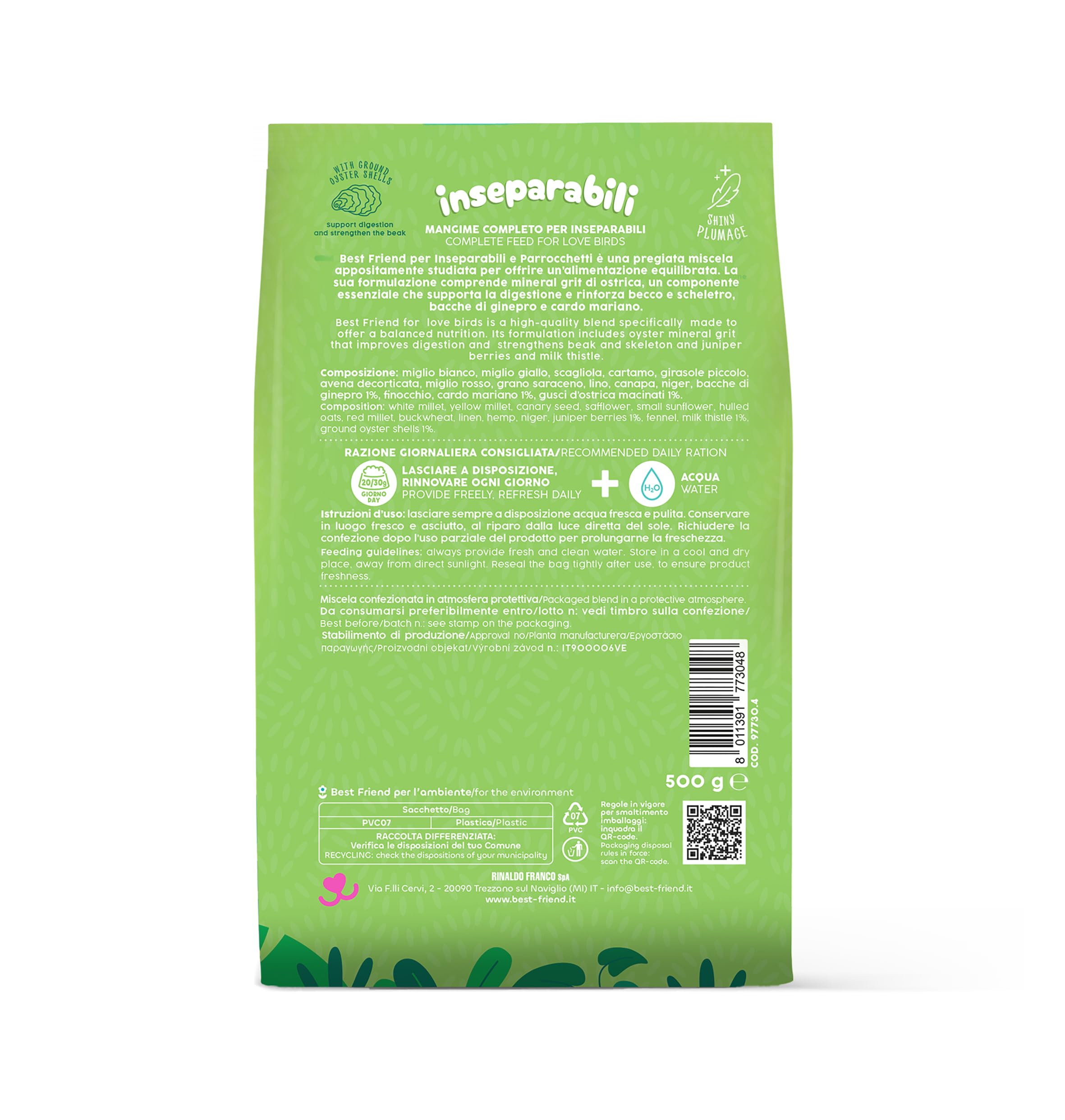 Best Friend Mangime Completo per Inseparabili e Parrocchetti Mangime per gli uccelli con Cardo Mariano. Ingredienti Naturali, Qualità 100% Made in Italy | Confezione da 8 pacchi