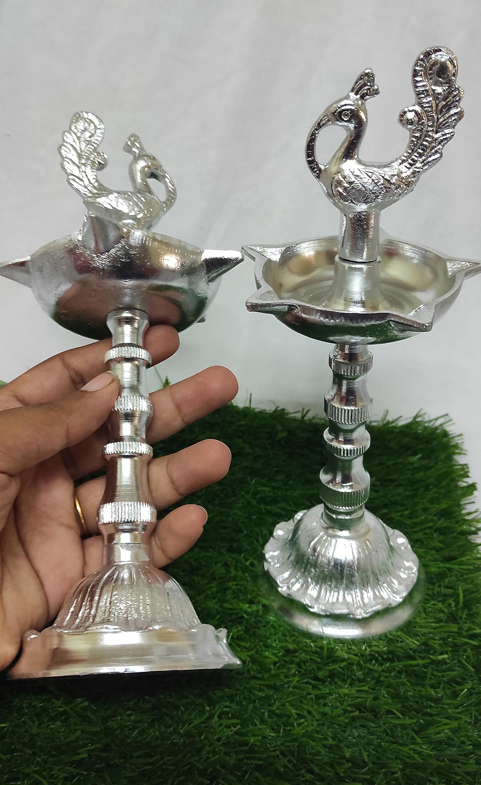 White Metal Diyas & Kuthuvilakku Set - Pooja Room Decor -6
