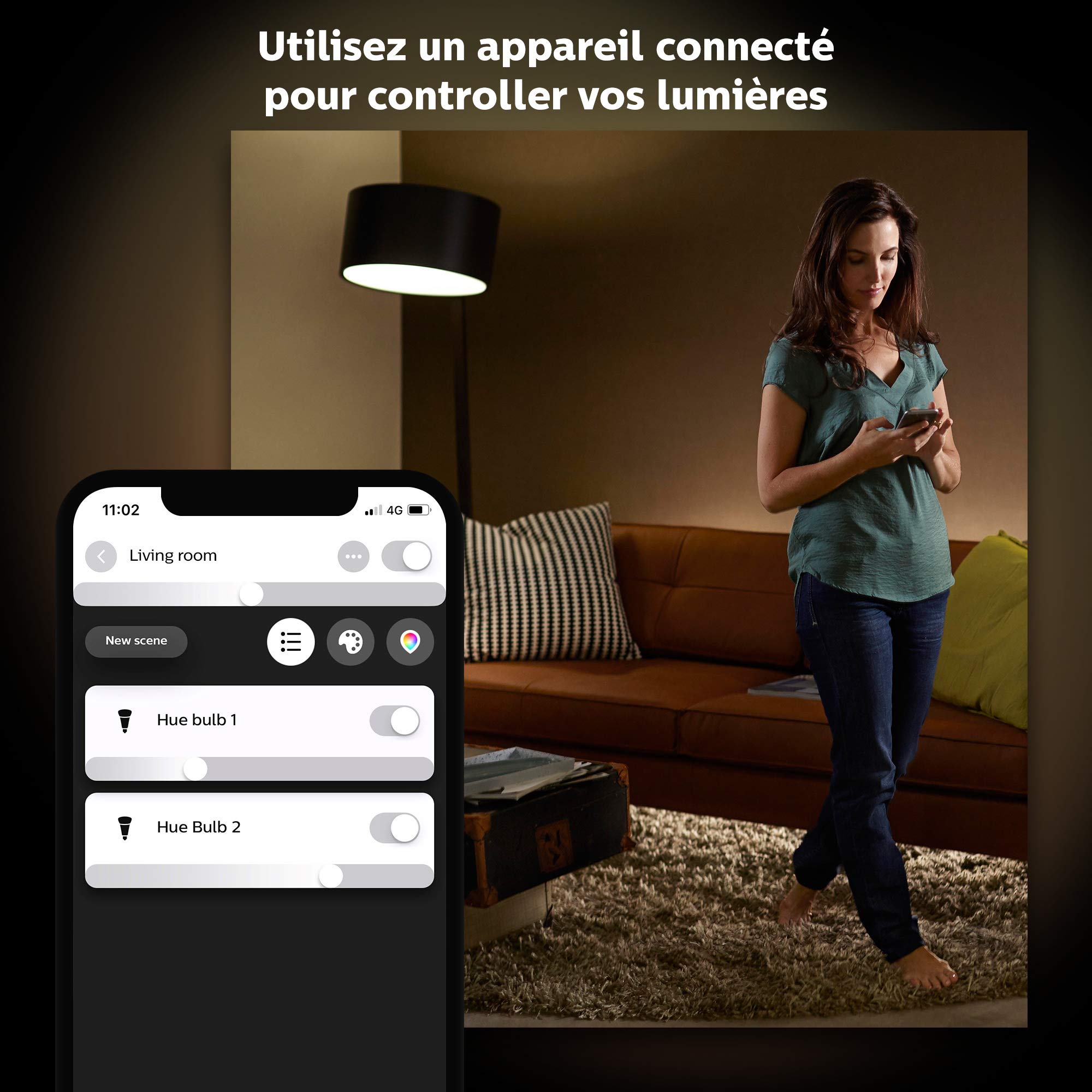 Philips Hue Kit de démarrage Ampoules LED Connectées White E27 Pack de 3, Pont et télécommande Smart Button Fonctionne avec Alexa