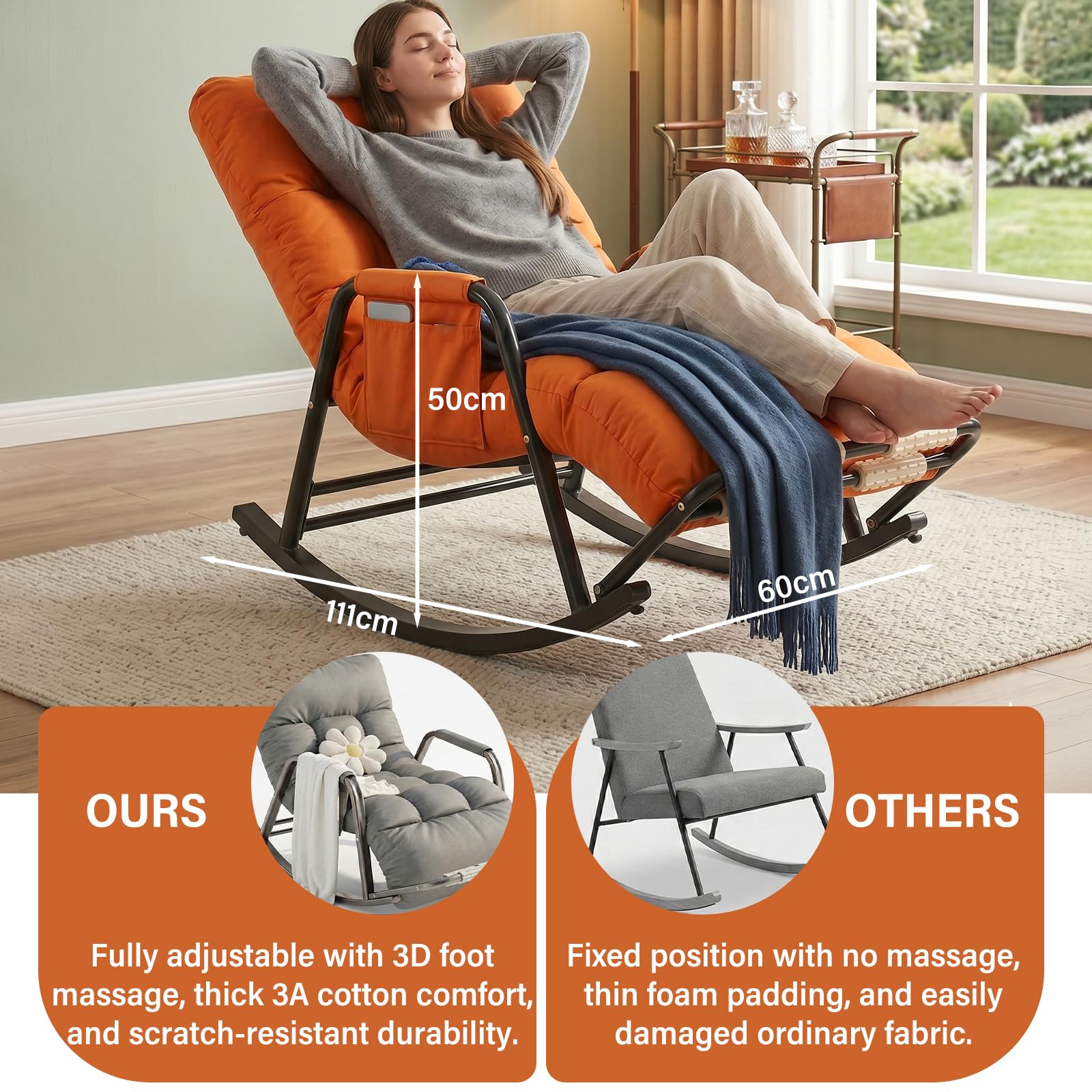 Fauteuil à Bascule Ergonomique, Rocking Chair Allaitement Silencieux avec Dossier et Repose-Jambes Réglables (5 Positions) et Repose-Pieds Massant, Chaise Relax en Cuir Anti-rayures, 150kg (Orange)