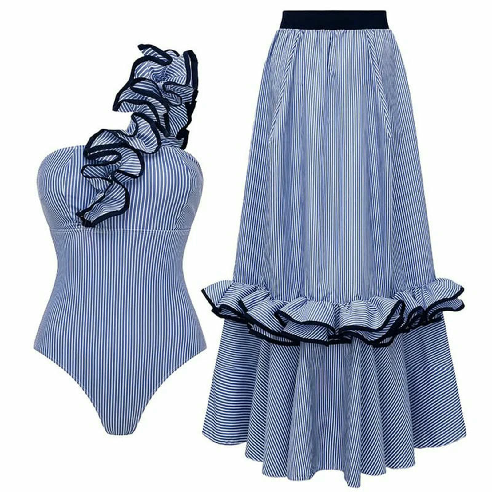 bañador Mujeres Traje De Baño Azul Blanco Raya 2 Piezas Conjunto, Un Hombro Ruffle Monokini con Coincidencia Falda Maxi, Vintage-Swimsuit and Skirt-m