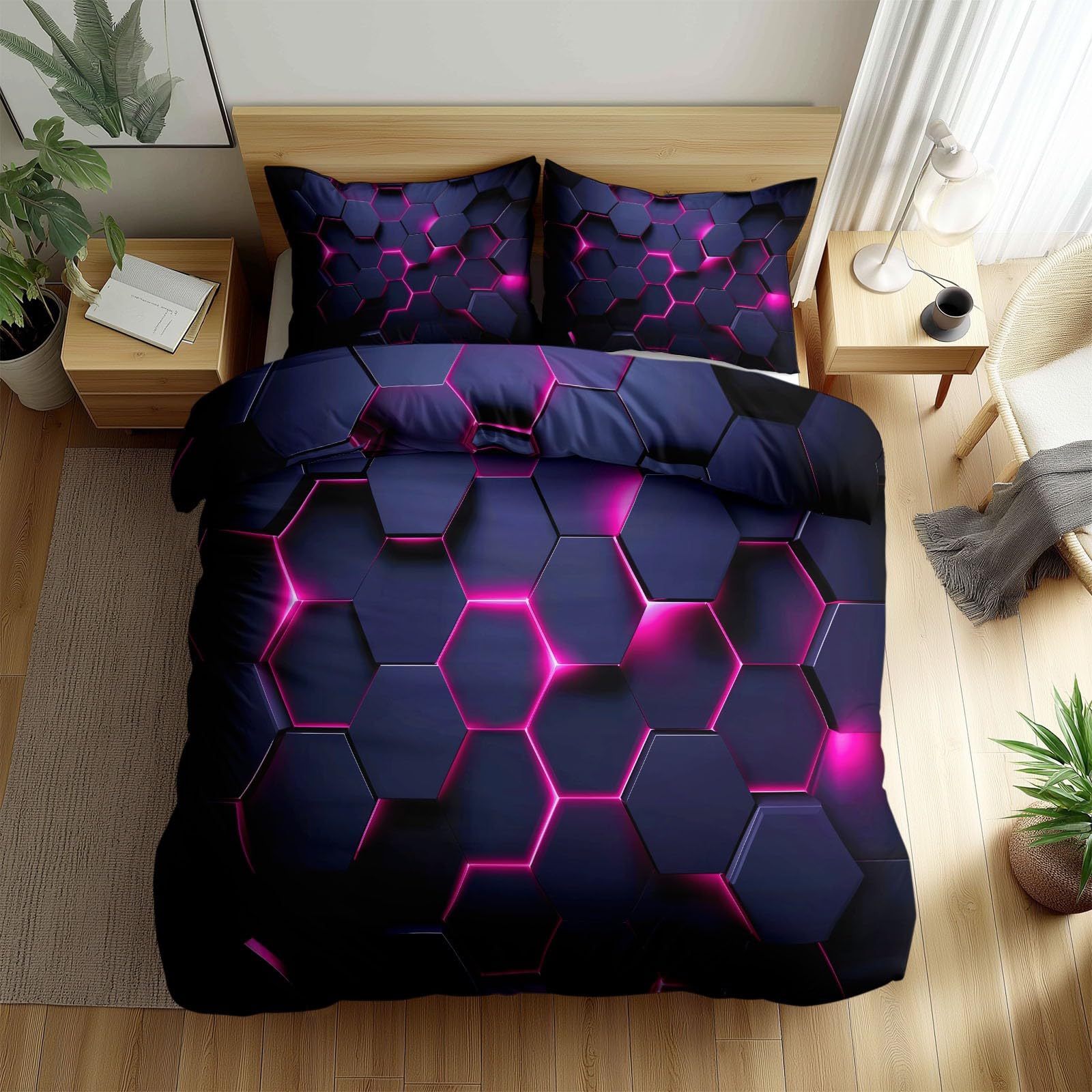 Housse de couette 140x200 microfibre douce motif nid d'abeille noir et blanc