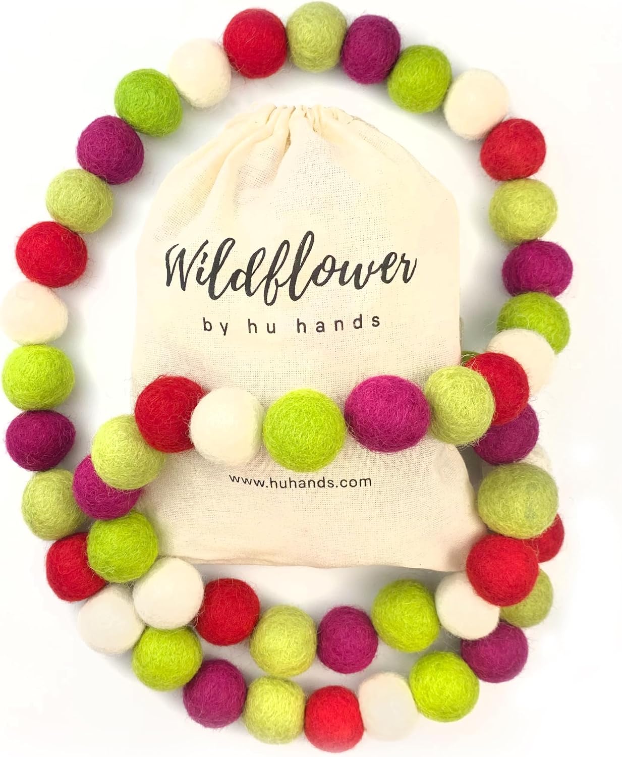 Christmas Wool Felt Ball Garland in Colors of Green, Red and White | Handmade Pompom Garland for Tree, Mantle, Banner and Decor | 8' Long, 50 Felt Pom Balls | Muslin Bag