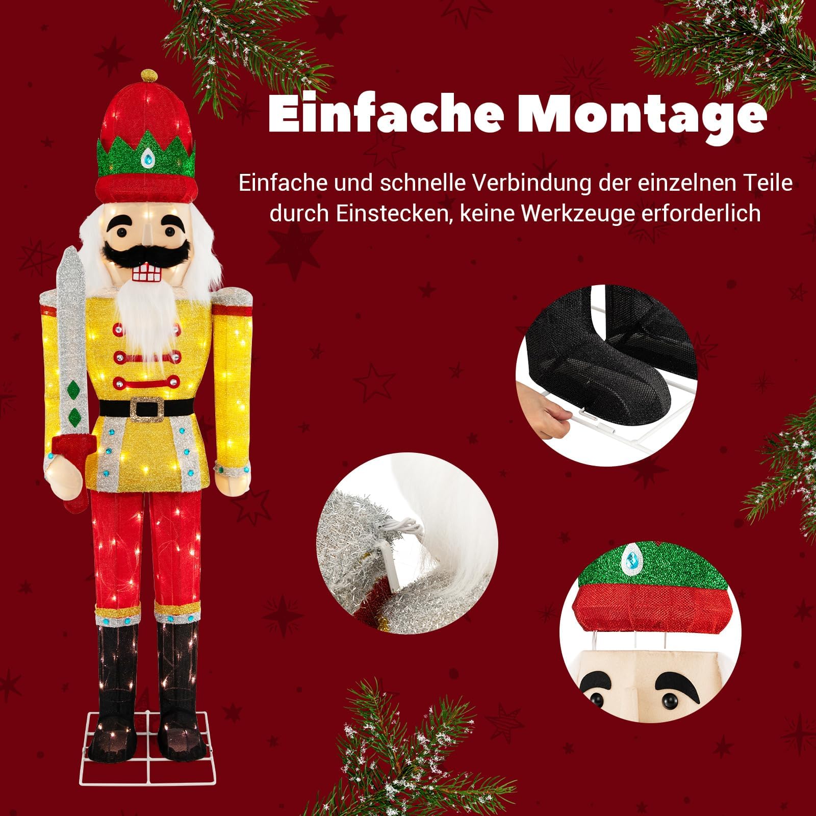 COSTWAY Weihnachten Nussknacker Figur groß, beleuchtete Weihnachtsdeko XXL, 166 cm Weihnachtsfigur mit LED-Lichtern, Weihnachtsdekoration, Weihnachtsbeleuchtung für außen und innen