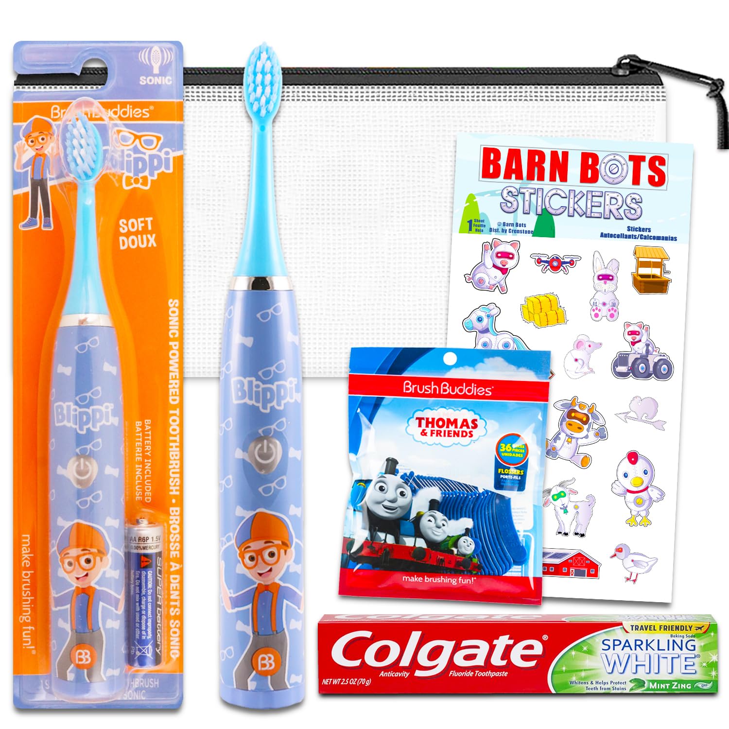 Blippi Oral Care Traveling Kit for Kids - Bundle with Blippi Electric Toothbrush, Toothpaste, Floss Packs, Travel Bag, and More for Boys, Toddlers | Toothbrush Set