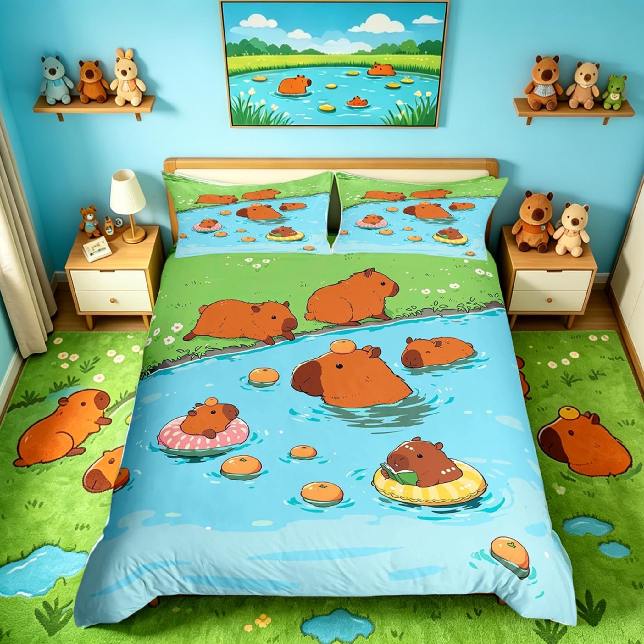 Homemissing Swimming Capybara Duvet Cover Set Super King Size Cute Capybaras Bedding Set for Kids Women Men Funny Duvet Cover with 2 Pillowcases Cartoon Animal Bed Sets