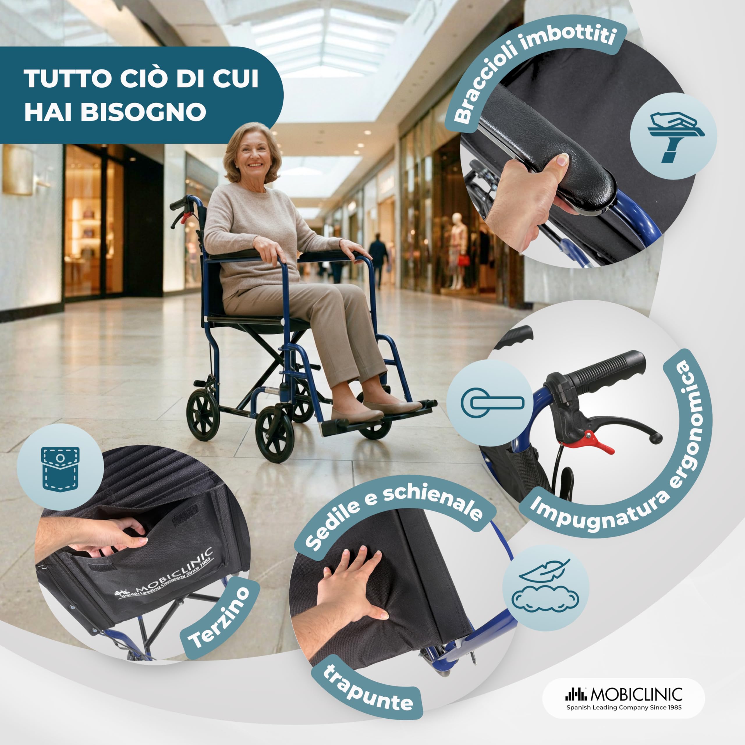 Mobiclinic®, Sedia a Rotelle Pieghevole, da Transito, Schienale pieghevole, Poggiapiedi Removibili, Doppio Sistema Frenante, Braccioli Imbottiti, Acciaio, Leggera e Compatta, Napoli