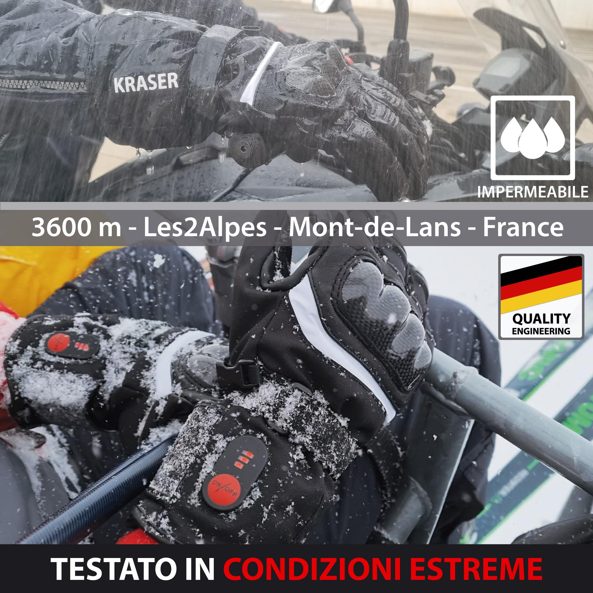 KRASER KRGS28 Guanti Moto Premium Omologato, Protezione in Fibra di Carboni, Pelle e Cordura, Testato Estreme, Impermeabili e Riscaldati, 3 Livelli, Guanti Moto Invernali per Uomo e Donna