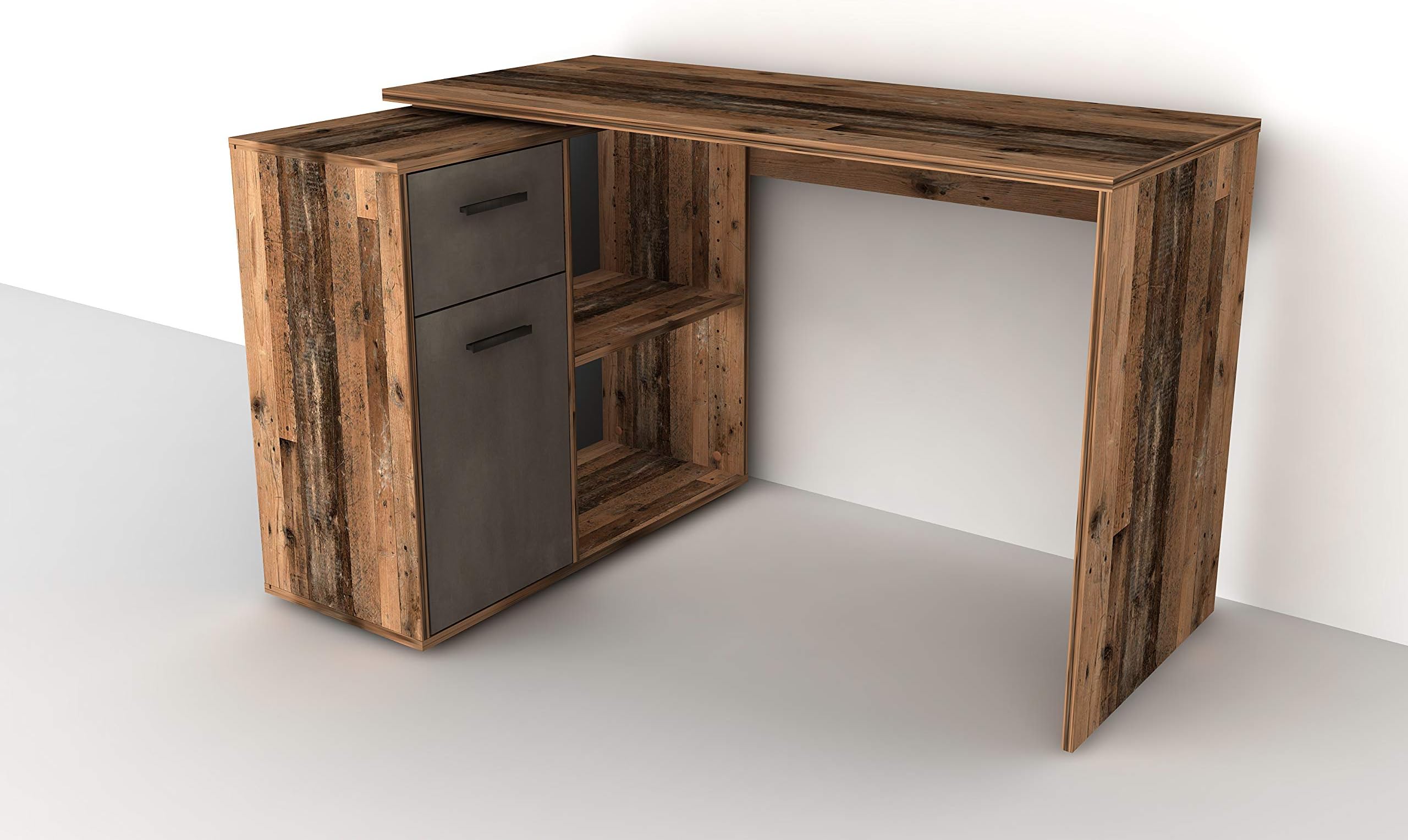 LEXA-Midi Corner L Shape or Flat Wall Home Office Computer PC Desk Old Oak Stressed Effect, Assemble in 4 Different Ways