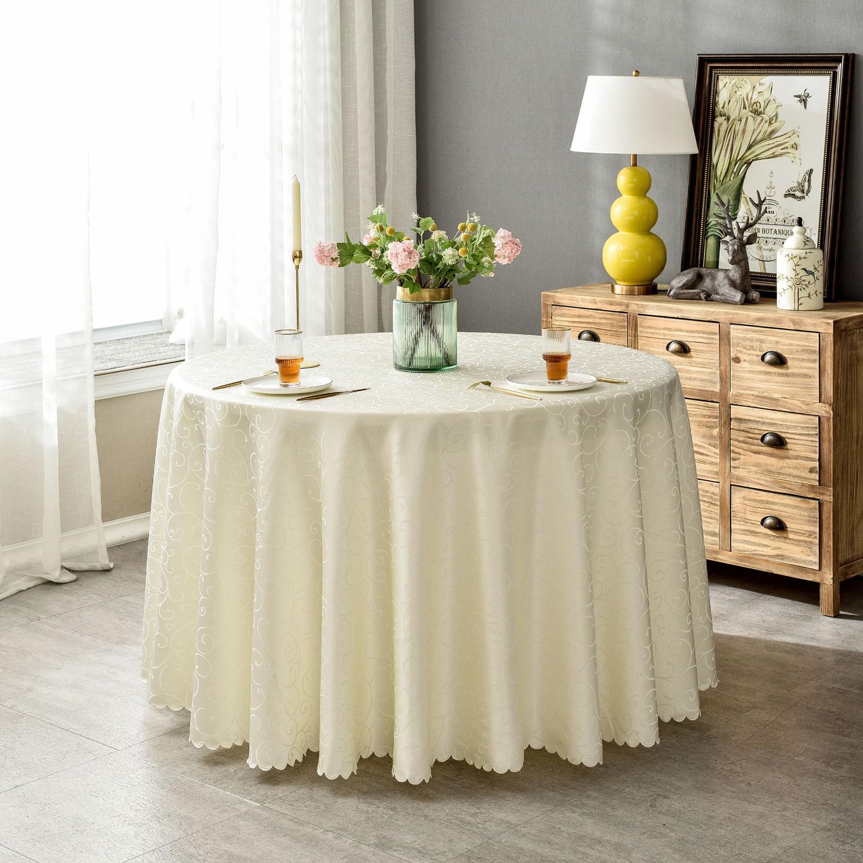 Tovaglia rotonda in poliestere jacquard, Beige, Diametro 320 cm