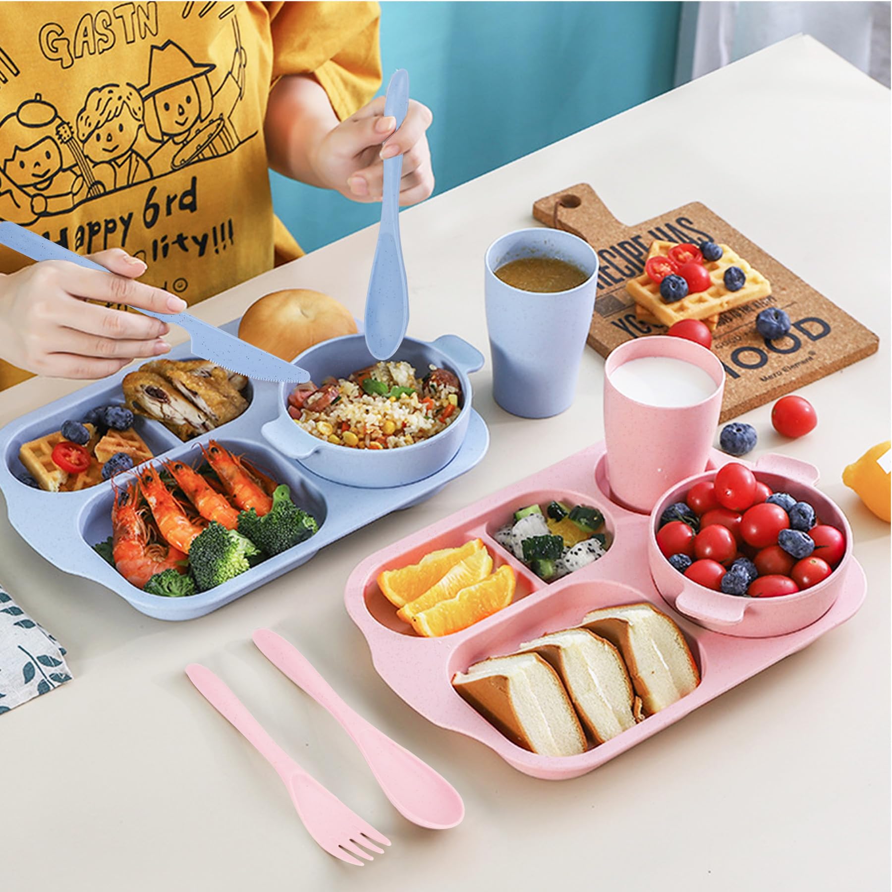 Ensemble de vaisselle incassable pour 4 personnes, 24 pièces d'assiettes divisées en plastique, ensemble de couverts, ensemble de vaisselle réutilisable pour adultes, enfants, école, bureau, fête
