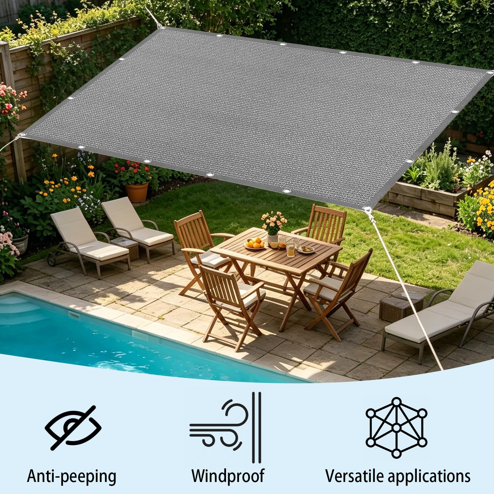 Vela Parasole 3 x 8 m in Tessuto Hdpe, Permeabile All'Aria e All'Acqua, Telo Ombreggiante Occhiellato Tenda da Sole Traspirante Rettangolare per Serra Cortile, Grigio Chiaro