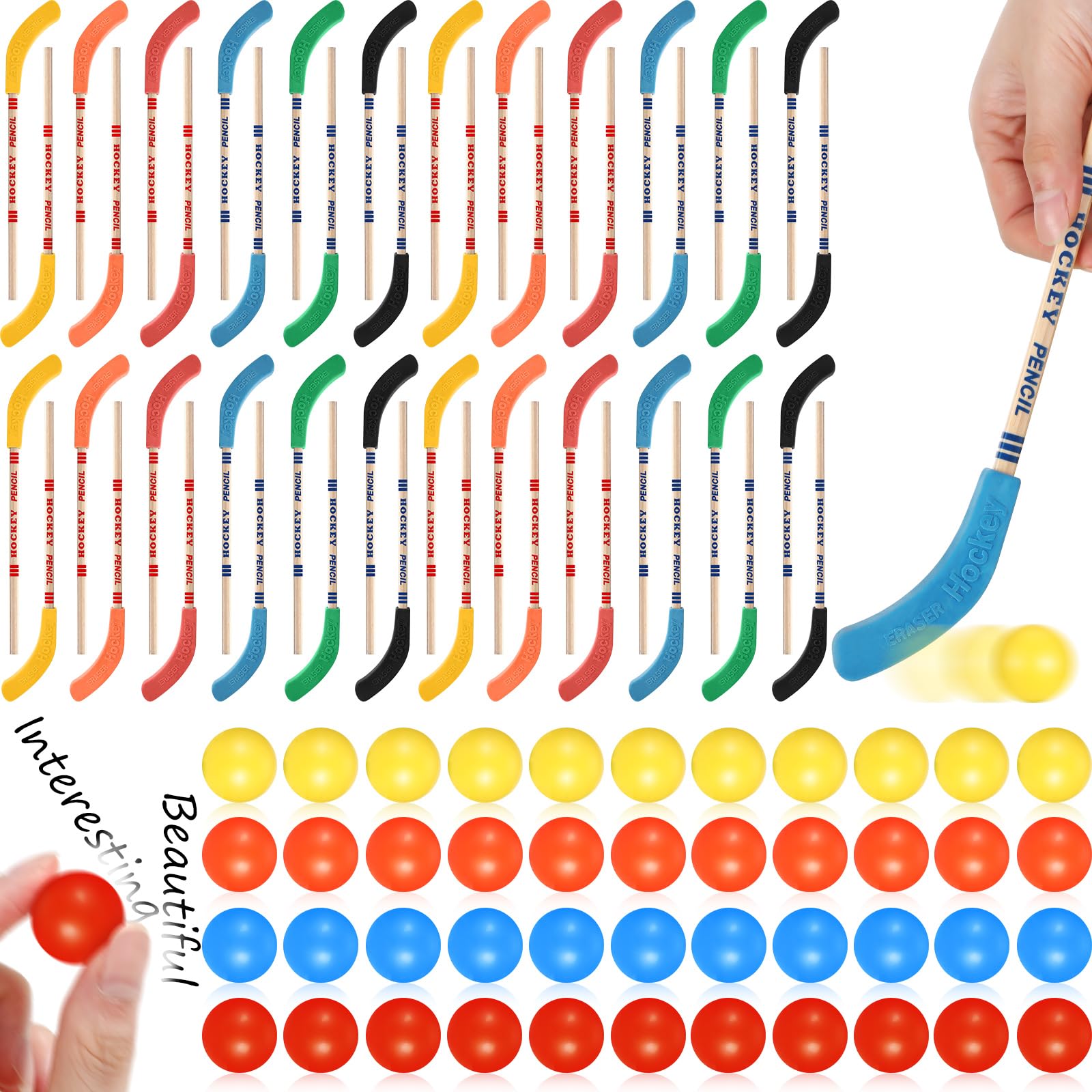 Harloon 100 Pcs Hockey Party Favors Hockey Stick Pencils and Balls Erasers